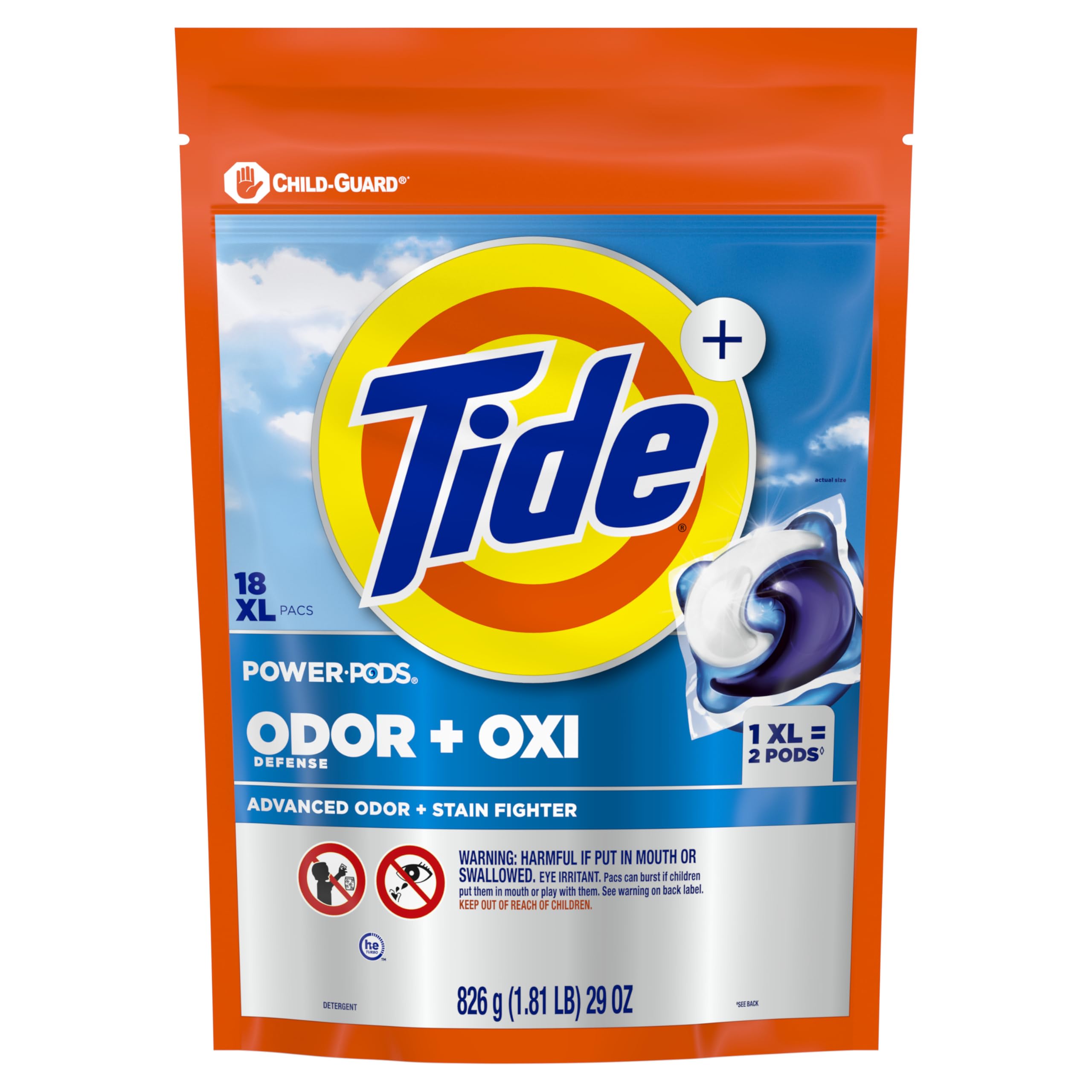 Tide Ultra OXI Power PODS with Odor Eliminators - 18 Count Laundry Detergent Pacs for Visible & Invisible Dirt - Powerful Stain Removal for Clothes, Sheets & Towels - Perfect for Families, Gym Clothes & Pet Owners