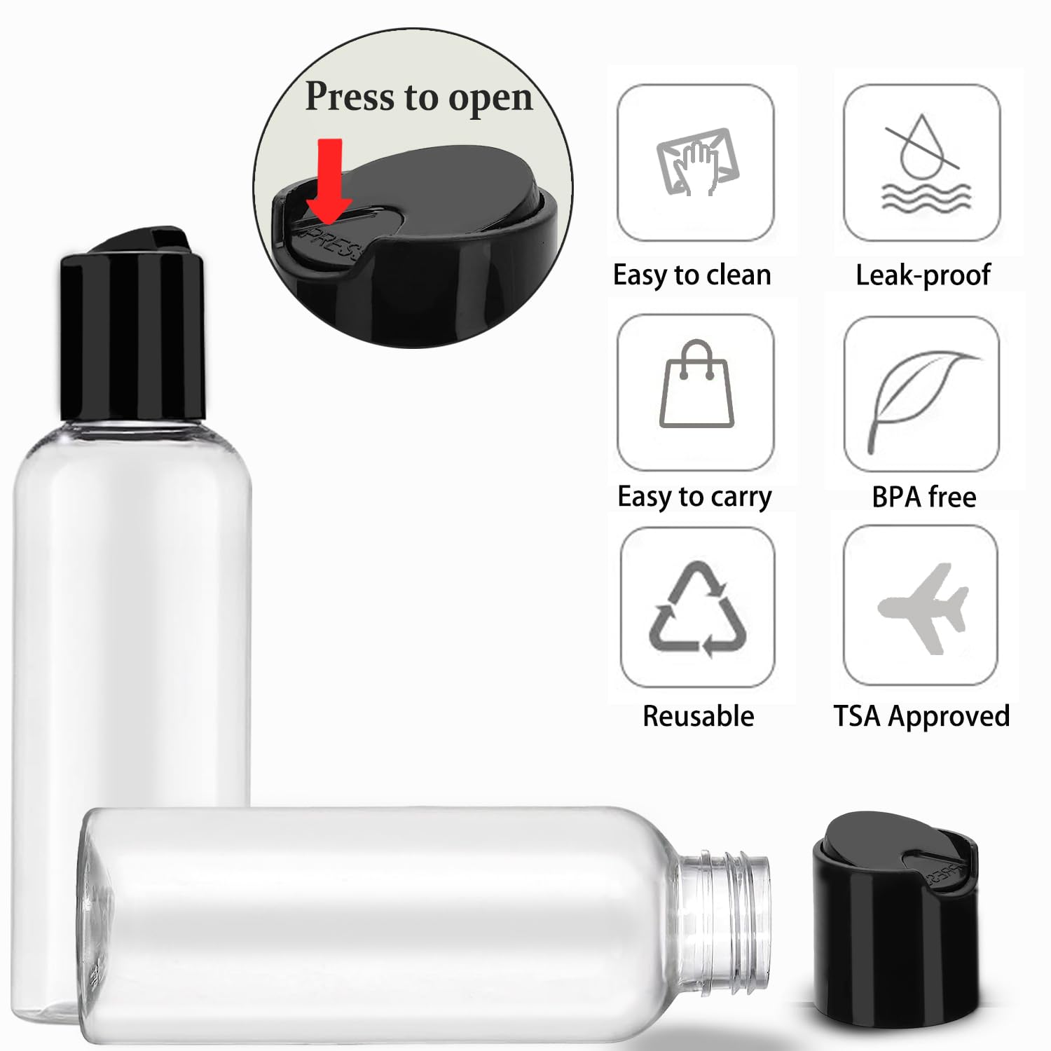 5 Pack 3.4 oz TSA Approved Leakproof Travel Bottles - Empty Plastic Toiletry Containers with Labels for Shampoo, Lotion & Cosmetics | Perfect for Airplane Carry-On, Vacation & Gym Essentials