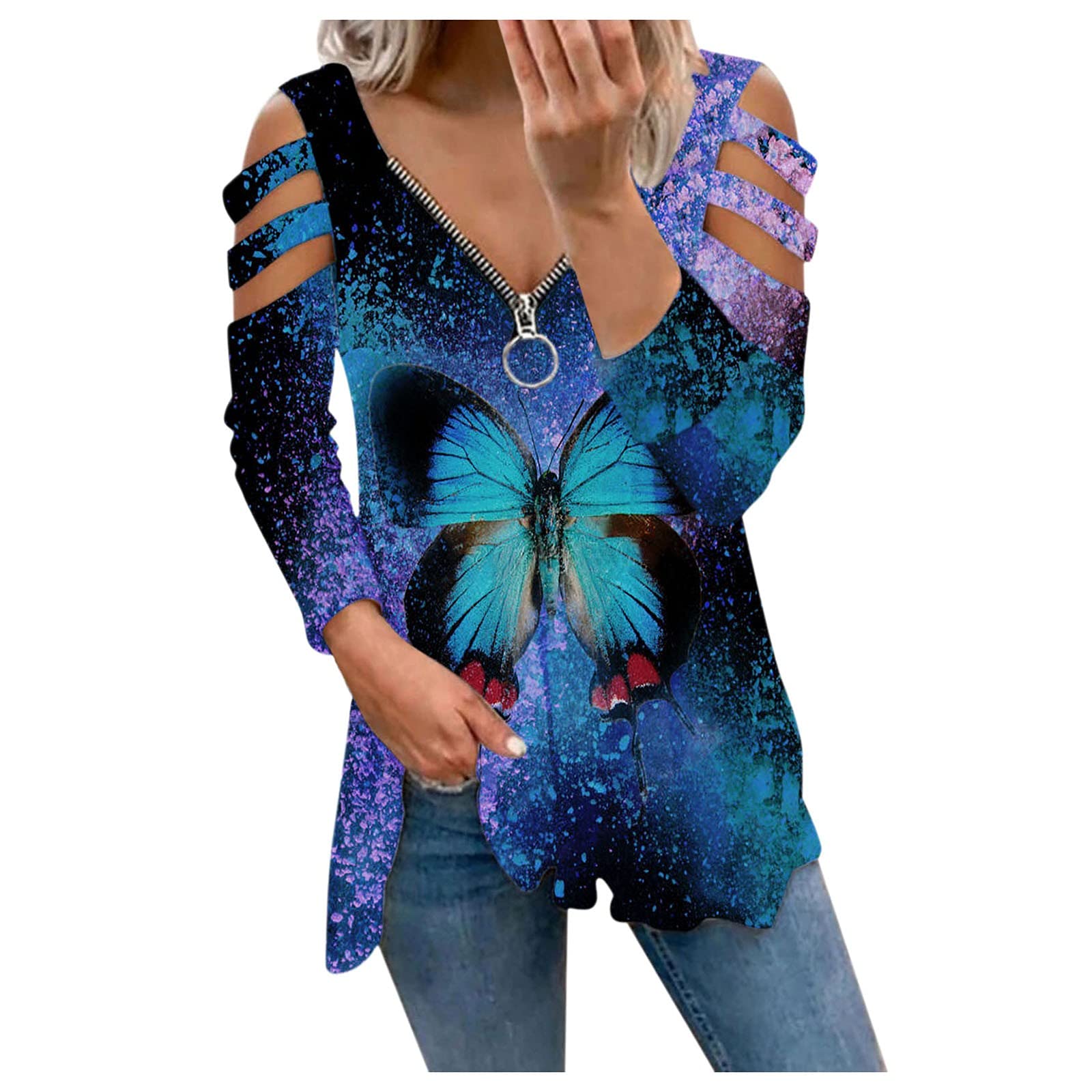 iLUGU Women's Long Sleeve V-Neck Blouse with Zipper Print & Butterfly Design - Summer T-Shirt Tops for Casual Wear, Office Outfits & Date Nights