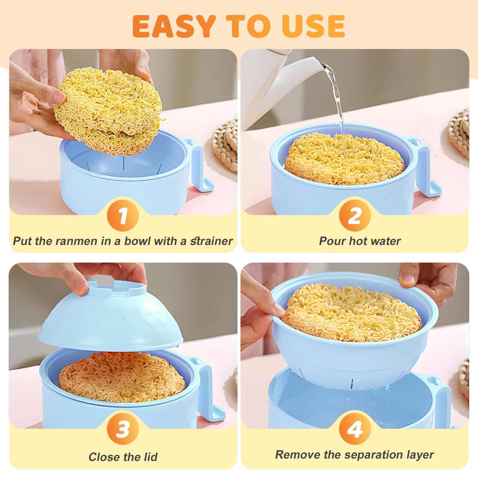 Upgraded Microwave Ramen Bowl Set with Strainer & Utensils - Portable Noodle Cooker for Office & Dorm (Blue)