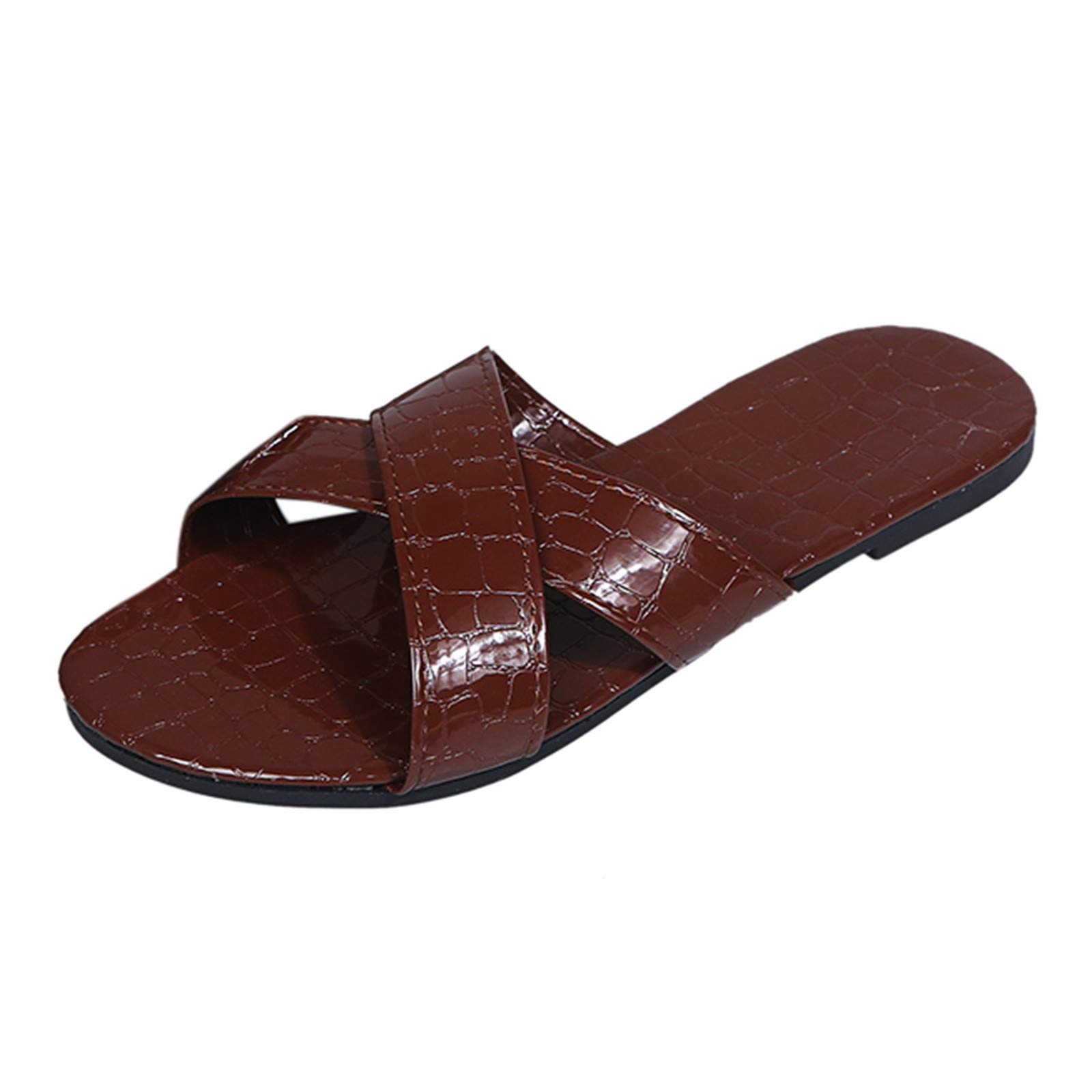 FFENYAN Women's Cross Strap Flat Slippers - Low Heel Non-Slip Open Toe Slides | Genuine Leather Comfort House Shoes for Indoor/Outdoor Wear, Lounge, Beach & Vacation