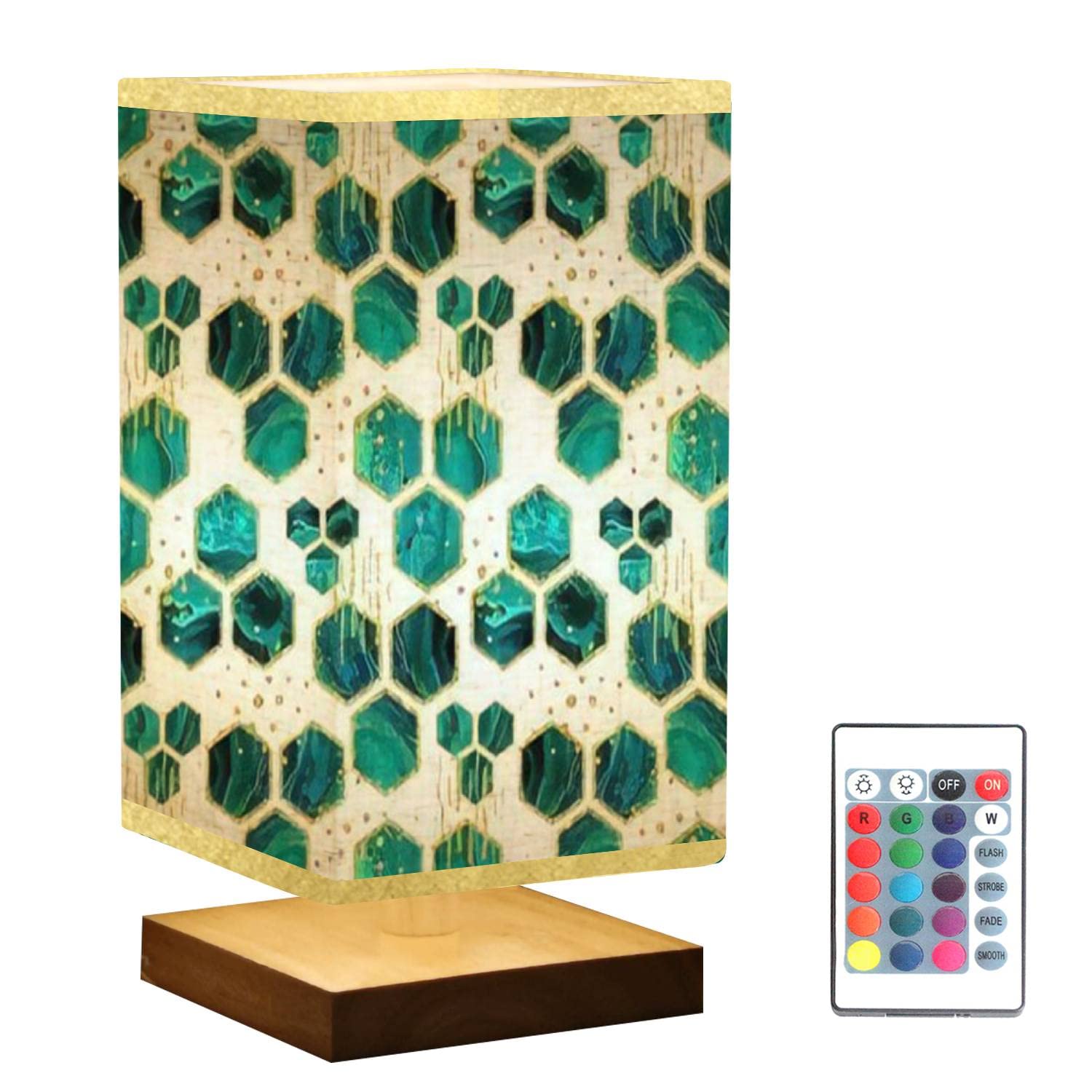 Dimmable Square Bedside Table Lamp with Green Marble Hexagon Design & Gold Wooden Base - Flaxen Fabric Shade Nightstand Lamp for Bedroom, Living Room, Office - Perfect for Reading, Relaxing & Home Decor