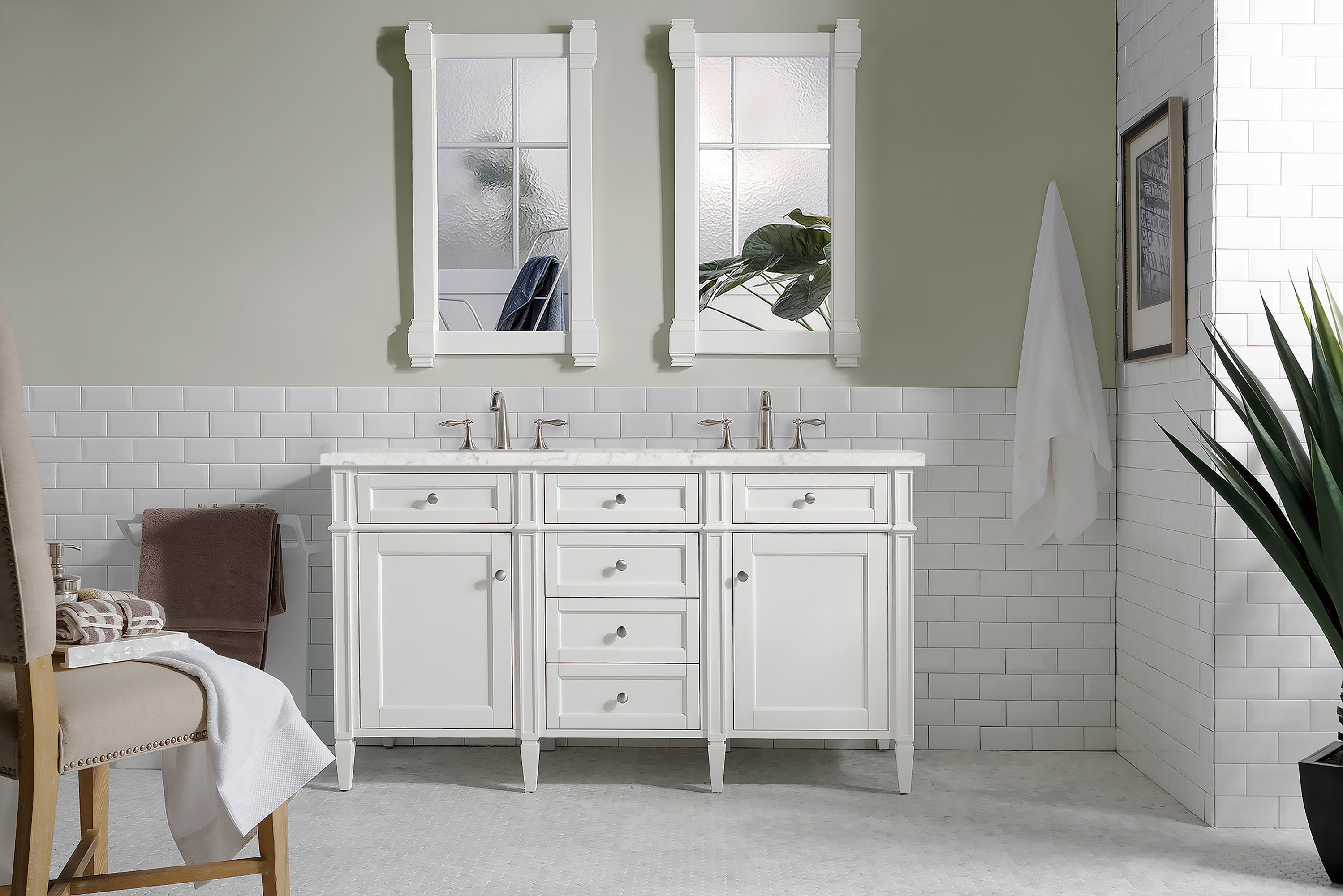 Brittany 60-Inch Bright White Double Vanity with 3CM Eternal Jasmine Pearl Quartz Top | Modern Bathroom Vanity with Quartz Countertop | Perfect for Master Bath, Guest Bath & Powder Room Renovations