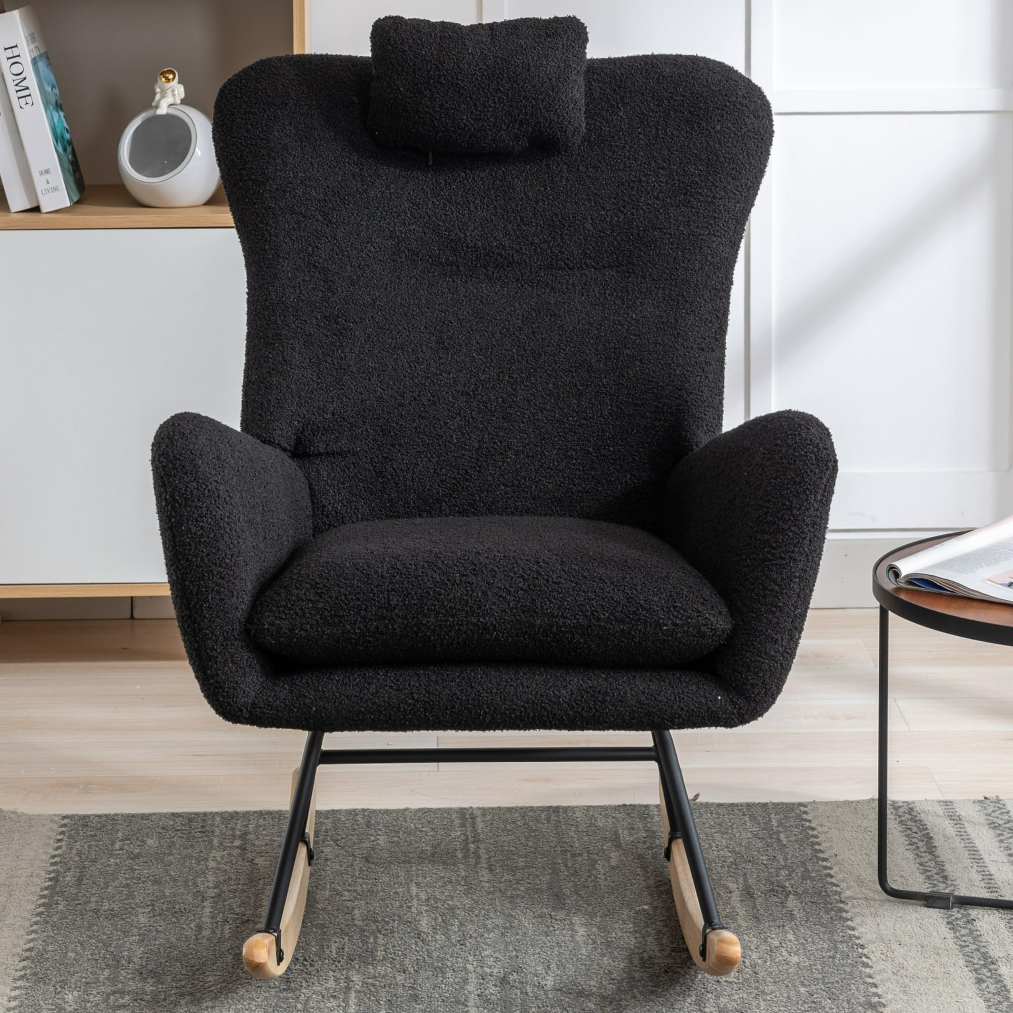 LUSPAZ Soft Teddy Velvet Rocking Chair - Nursery Glider Rocker with Solid Wood Base, Comfortable Wingback Design for Living Room, Bedroom & Balcony (Black) - Perfect for Nursing, Reading & Relaxing