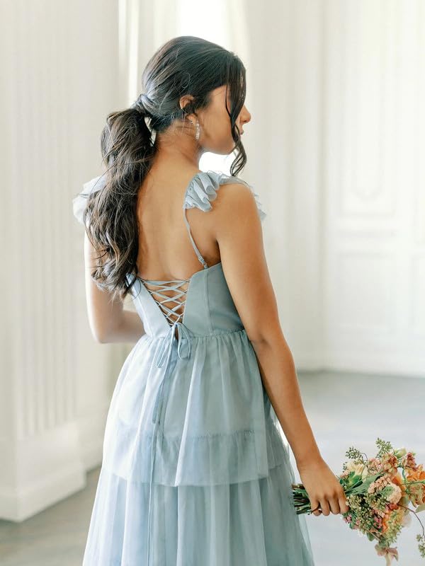 Elegant Women's Tulle Tiered Bridesmaid Dress - Long A-Line with Slit, Spaghetti Straps & Ruffles for Formal Weddings | Perfect for Bridal Party, Evening Galas & Special Occasions