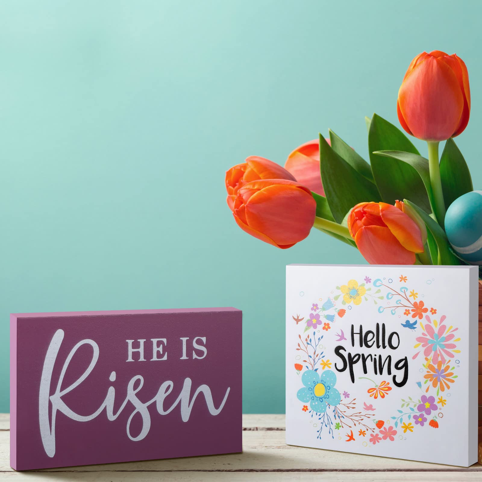 3-Piece Easter 'He Is Risen' Wooden Tiered Tray Decor Set - Spring Table Centerpiece, Farmhouse Home Decor for Easter Party, Holiday Celebration & Seasonal Display