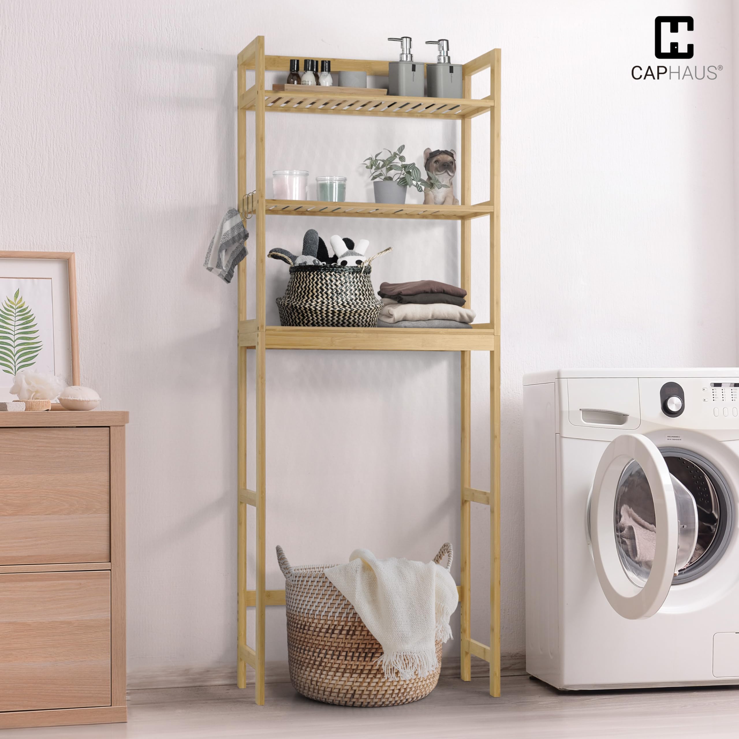 CAPHAUS 24-Inch Bamboo Over The Toilet Storage Shelf with Hooks & Adjustable Feet - Freestanding Bathroom Organizer Rack for Toilet Paper, Towels & Laundry - Perfect for Small Bathrooms, Balcony Plant Display & Home Decor