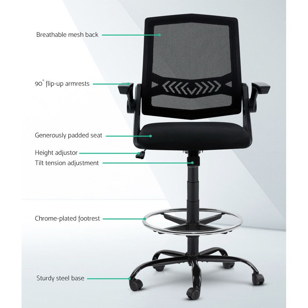 Ergonomic Artiss Office Chair - Adjustable Mesh Drafting Stool with Lumbar Support, Black - Perfect for Home Office, Gaming & Study Desk Setup