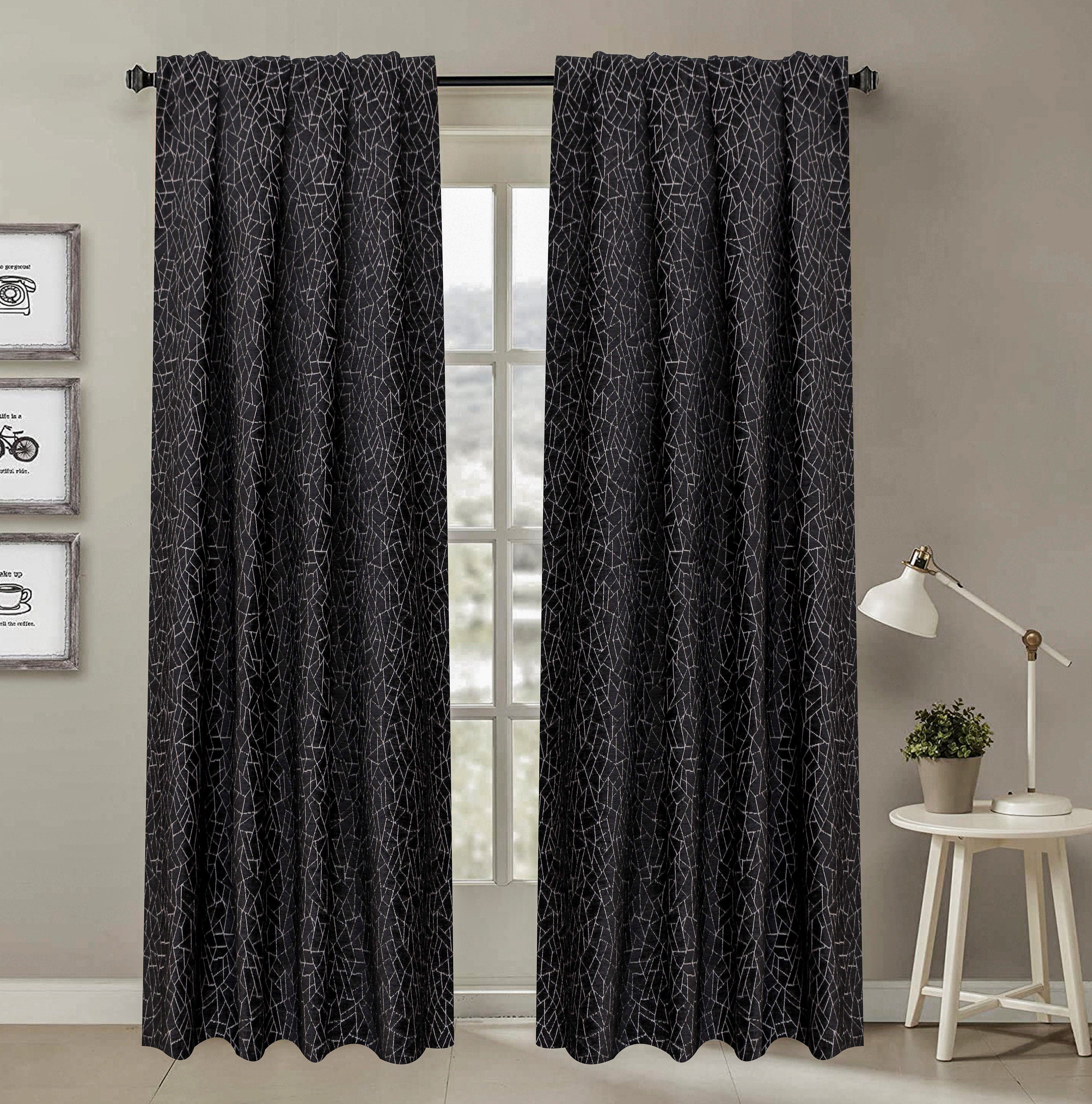 Black & Gray Jacquard Velvet Abstract Curtain Panels - Elegant Window Treatments for Living Room, Bedroom & Home Decor