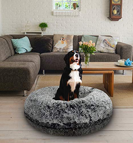 Bessie and Barnie Plush Faux Fur Donut Dog Bed - Waterproof Washable Round Pet Bed for Small Medium Large Dogs - Cozy Calming Bed for Puppies & Adult Dogs - Perfect for Bedroom, Living Room & Crate