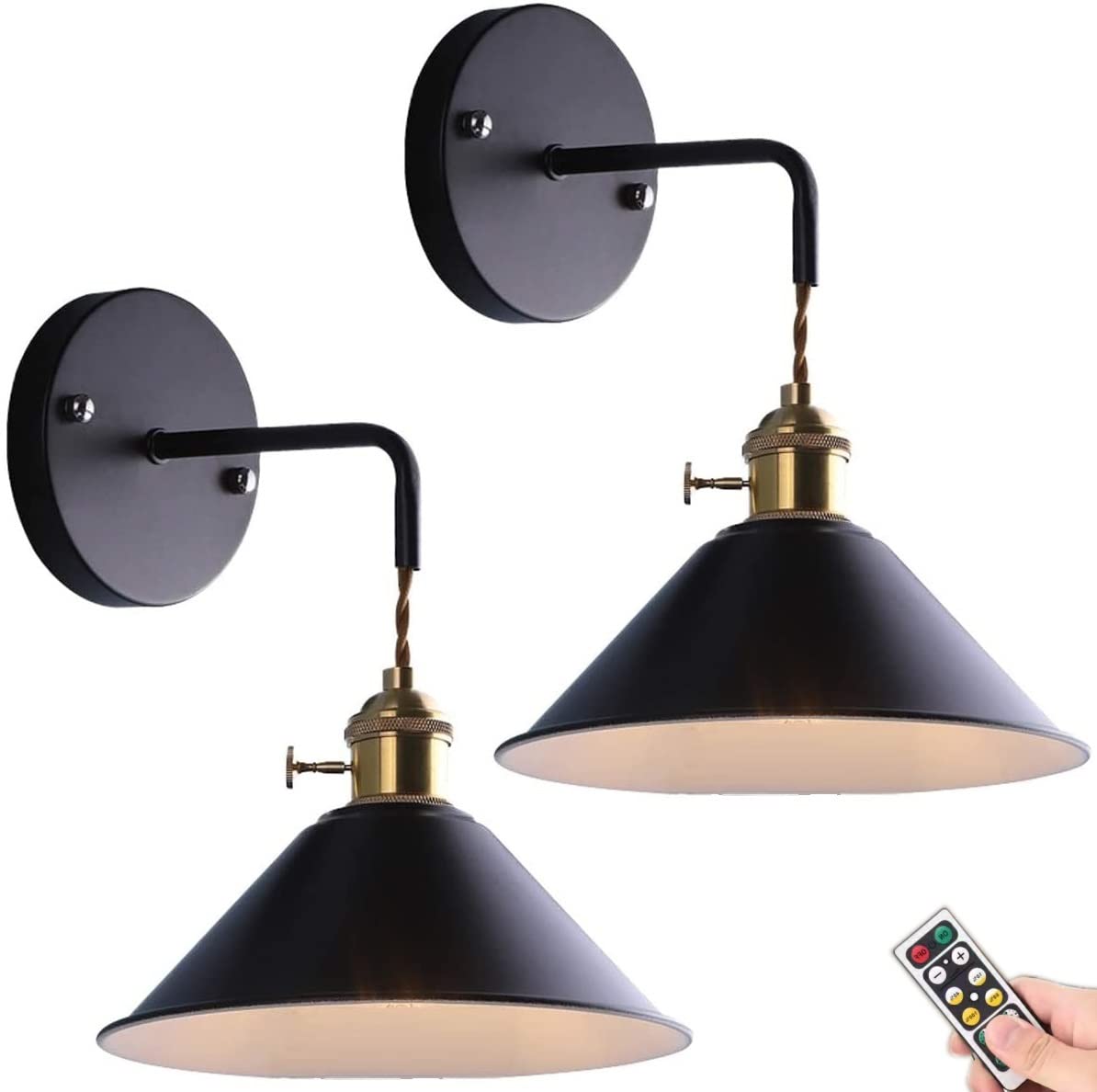 LSR Modern Wall Sconces Lighting - Set of 2 Battery Operated LED Lights with Remote Control & Dimmable Function, Black Metal Sconce Fixtures for Bedroom, Living Room, Reading Nook - Perfect for Ambient Lighting, Night Reading, and Home Decor Accent