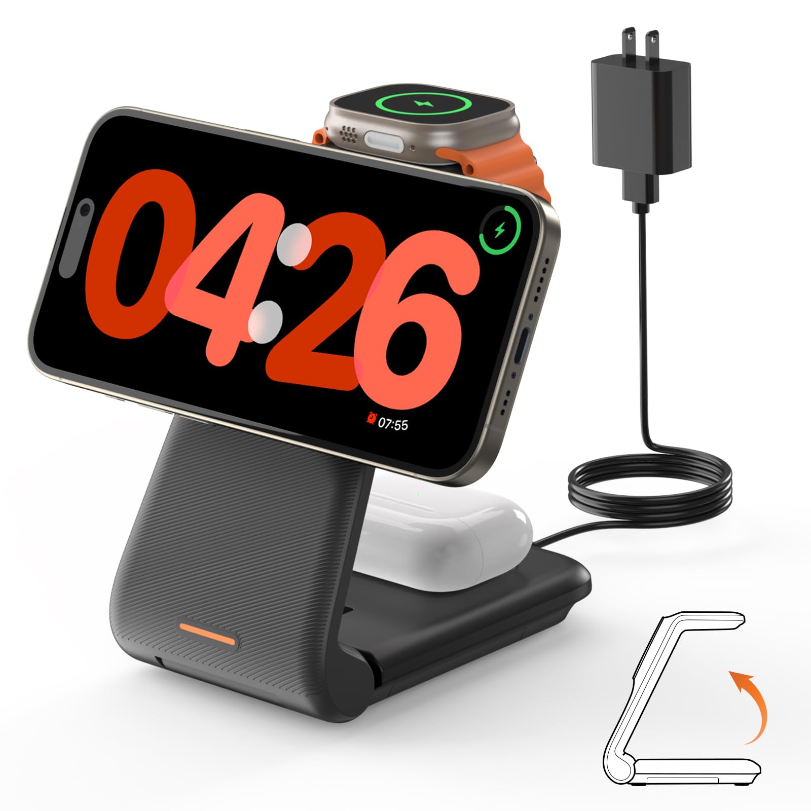 GEEKERA Magnetic 3-in-1 Wireless Charging Station for iPhone 16/15/14/13/12 Series, Apple Watch Ultra/SE/9/8/7/6/5/4/3/2 & AirPods Pro/3/2 - Fast Magsafe Charger Stand for Home, Office & Travel