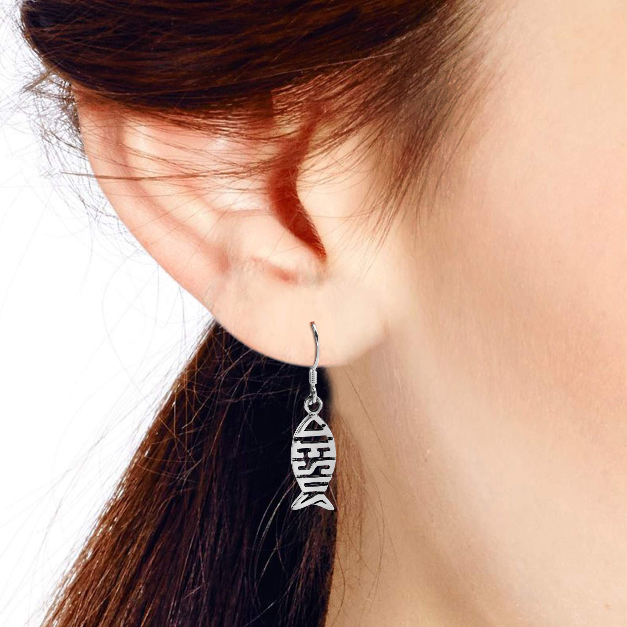 AeraVida .925 Sterling Silver Jesus Fish Ichthys Dangle Earrings - Christian Religious Jewelry for Women - Faith Inspired Fish Hook Earrings - Perfect for Church, Bible Study & Daily Wear