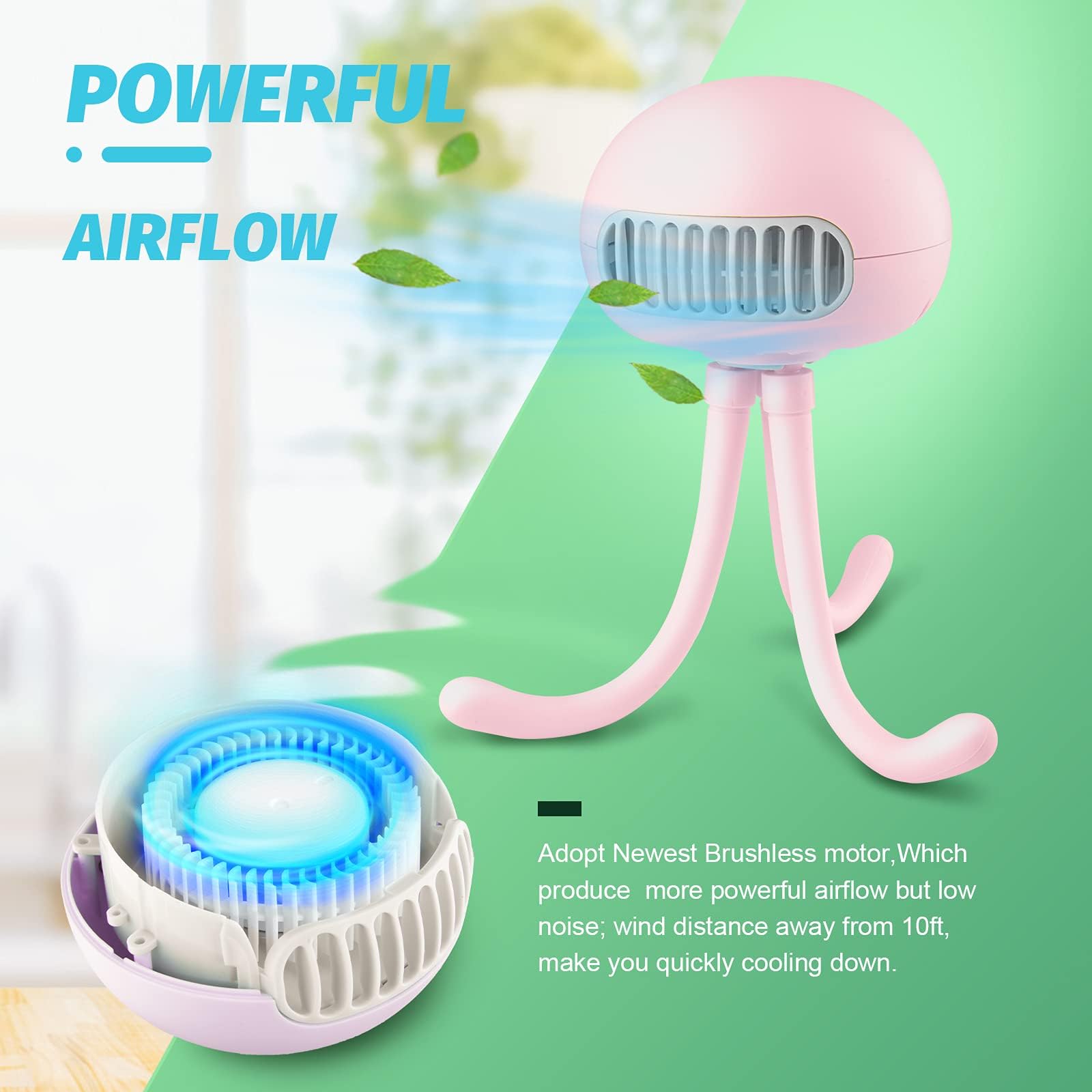 Portable Bladeless Fan - Mini Handheld Fan with Flexible Tripod, 3 Speeds, Rechargeable Battery, Clip-on for Stroller, Car Seat, Crib, Bike & Desk - Perfect for Travel, Office, Baby & Home Use (Pink)