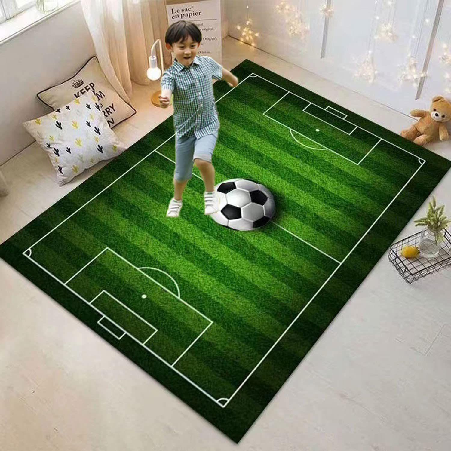 Kids Soccer Field Rug - Non-Slip Football Playmat for Boys & Girls Bedroom, Sports Room or Living Room - 4x6 ft Green Area Carpet - Perfect for Playrooms, Game Rooms and Kids' Sports Themed Decor