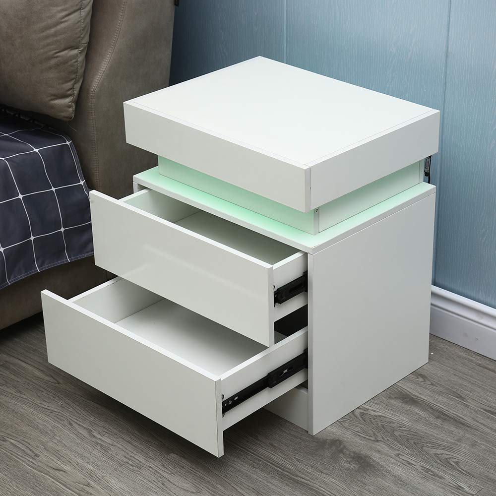 SHIOUCY 2 Drawer RGB LED Nightstand - Modern Light Bedside Table with USB Ports, Wooden End Table for Living Room, Bedroom & Office - Adjustable Color Lighting for Home Decor (White) | Perfect for Gaming Setups, Small Space Storage & Contemporary Interior Design