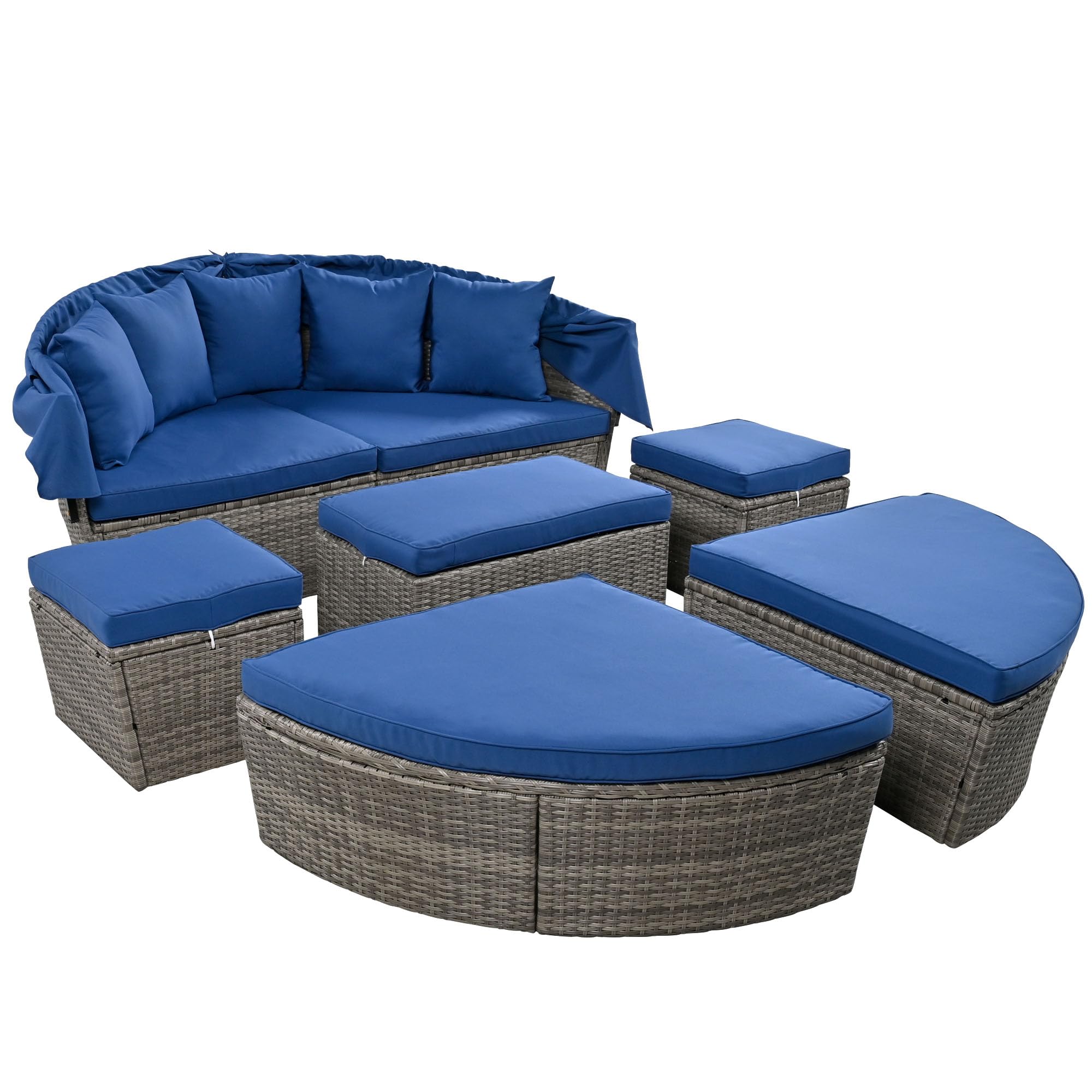 6-Piece All-Weather PE Rattan Patio Furniture Set with Retractable Canopy - Outdoor Round Daybed Sectional Sofa Conversation Set in Blue | Perfect for Backyard, Poolside & Garden Relaxation