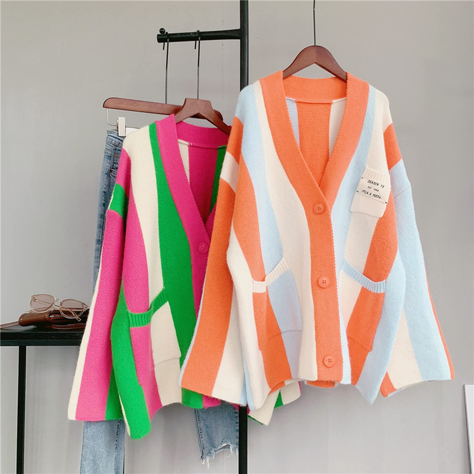Women's Long Sleeve Cable Knit Color Block Boho Striped Sweater Cardigan - Cozy Fall Winter Pullover for Casual Outfits, Office Wear & Coffee Dates