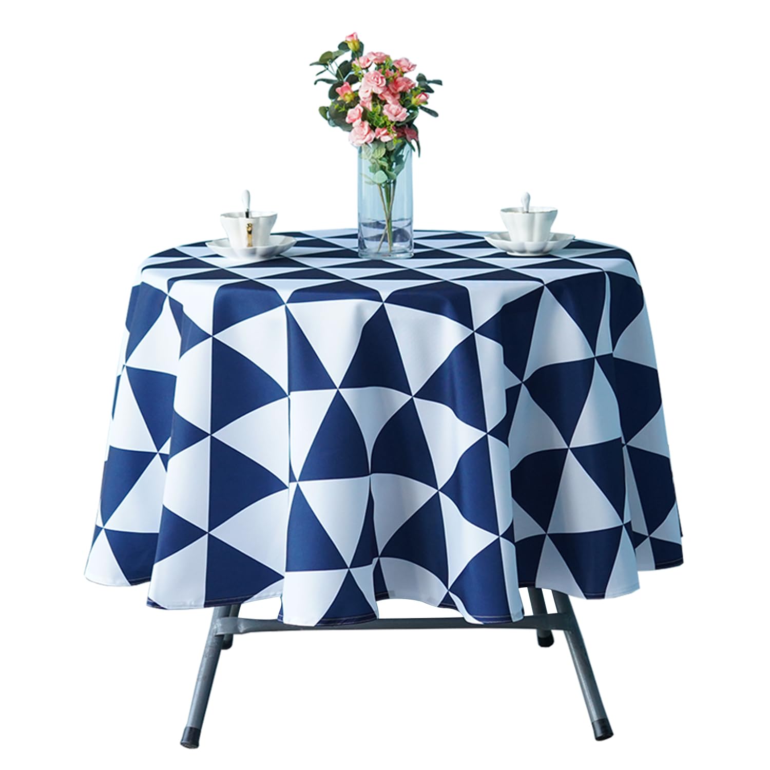 Premium Polyester Tablecloth - 70'' Round Blue & White Triangle Design, Easy Washable & Wrinkle-Resistant for Kitchen, Dining, Patio, Garden - Perfect for Indoor & Outdoor Use, Parties, Picnics, and Daily Dining