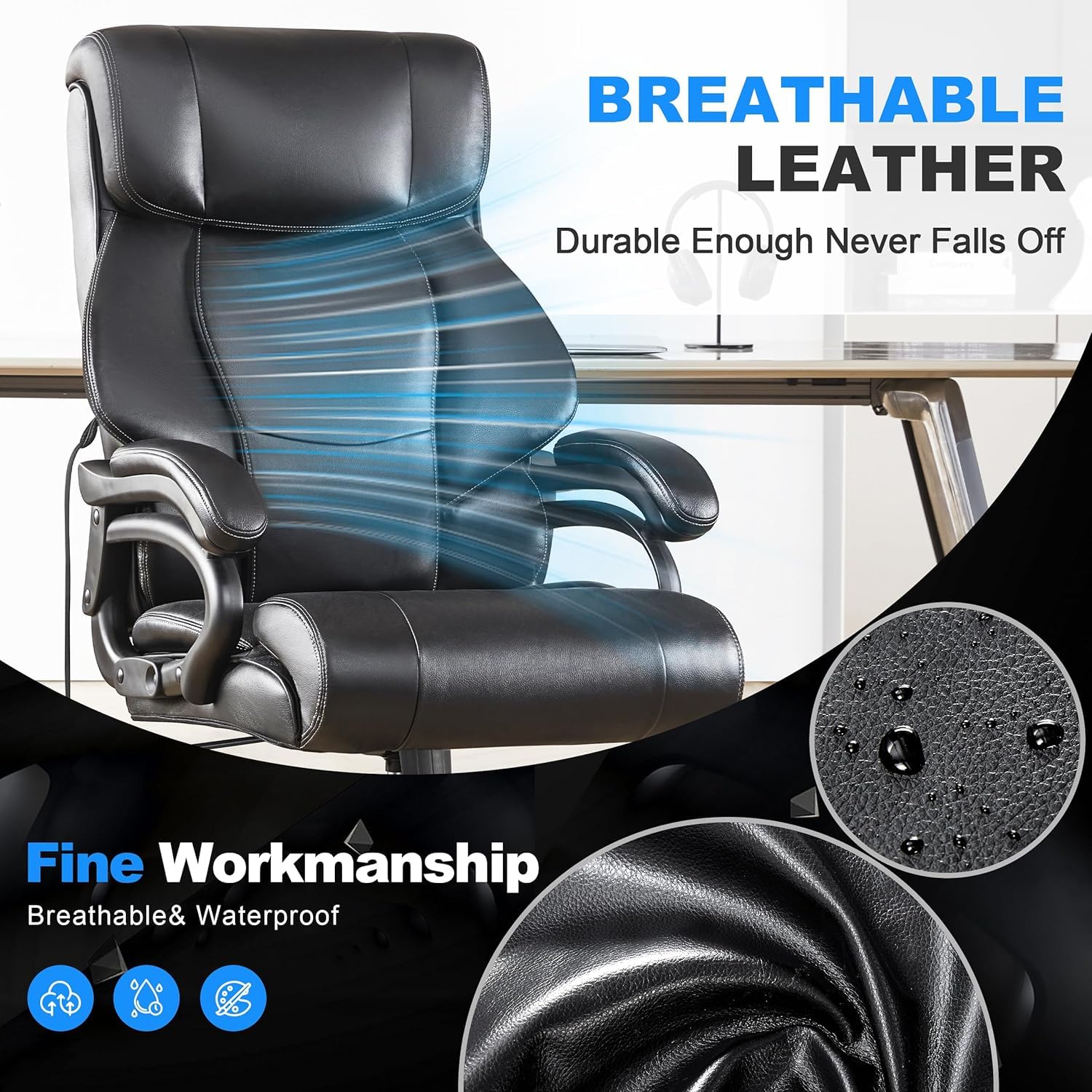Heavy Duty Big and Tall Office Chair 500LBS Weight Capacity - Ergonomic Executive Chair for Back Pain Relief - Breathable Leather Seat for Long Hours Sitting - Dark Black - Perfect for Home Office, Gaming, and Workspace Comfort