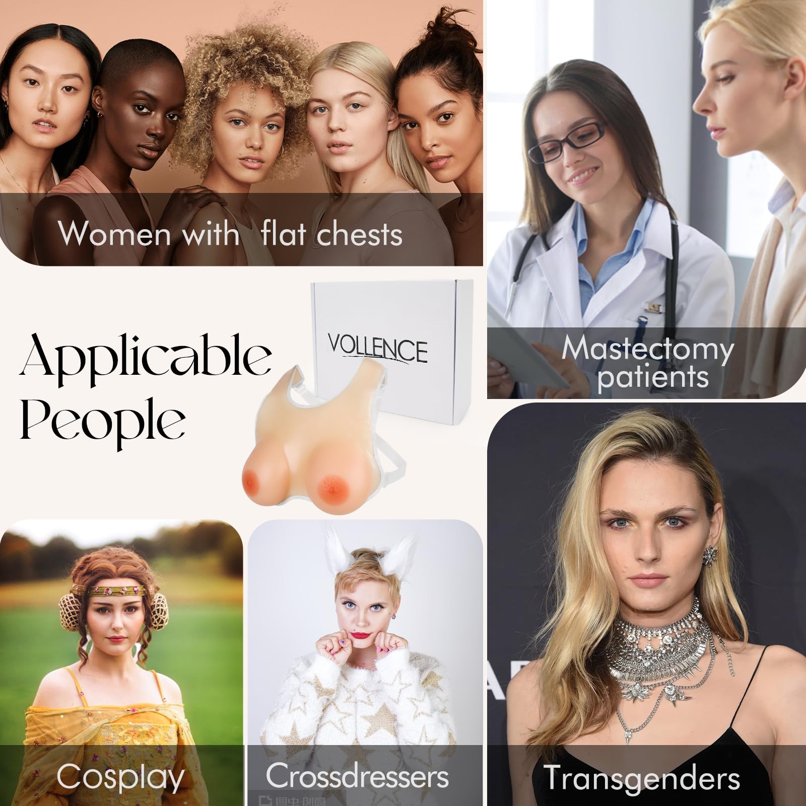 Vollence Silicone Breast Forms for Mastectomy & Crossdressing - Natural Looking Fake Boobs with Adjustable Straps - Perfect for Post-Surgery Recovery, Cosplay & Gender Transition
