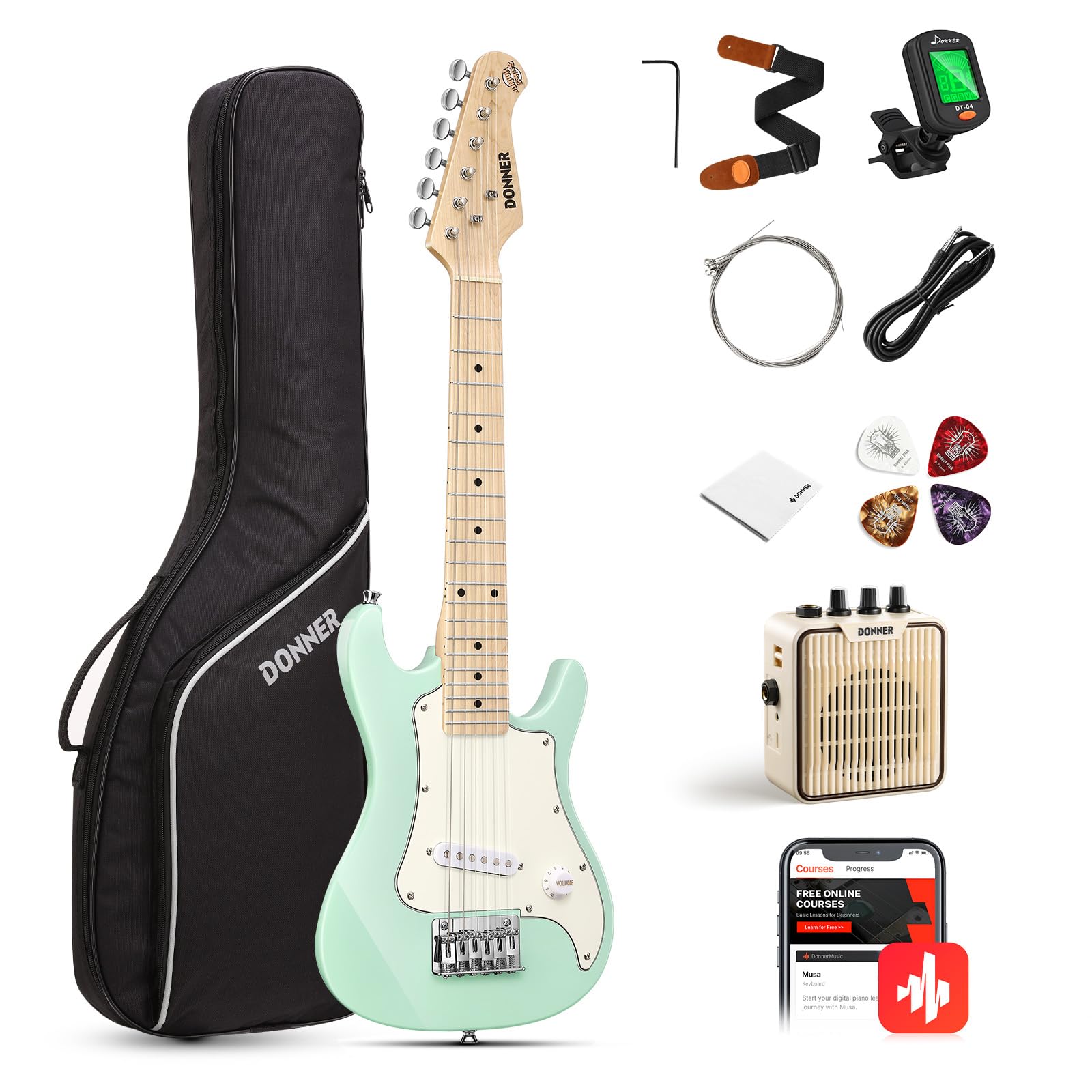 **Donner 30-Inch Junior Electric Guitar Starter Kit – ST Style Mini Guitar for Beginners & Teens with Amp, 600D Gig Bag, Tuner, Picks, Cable, Strap & Extra Strings (DSJ-100) – Perfect for Learning, Practice & Home Performances**