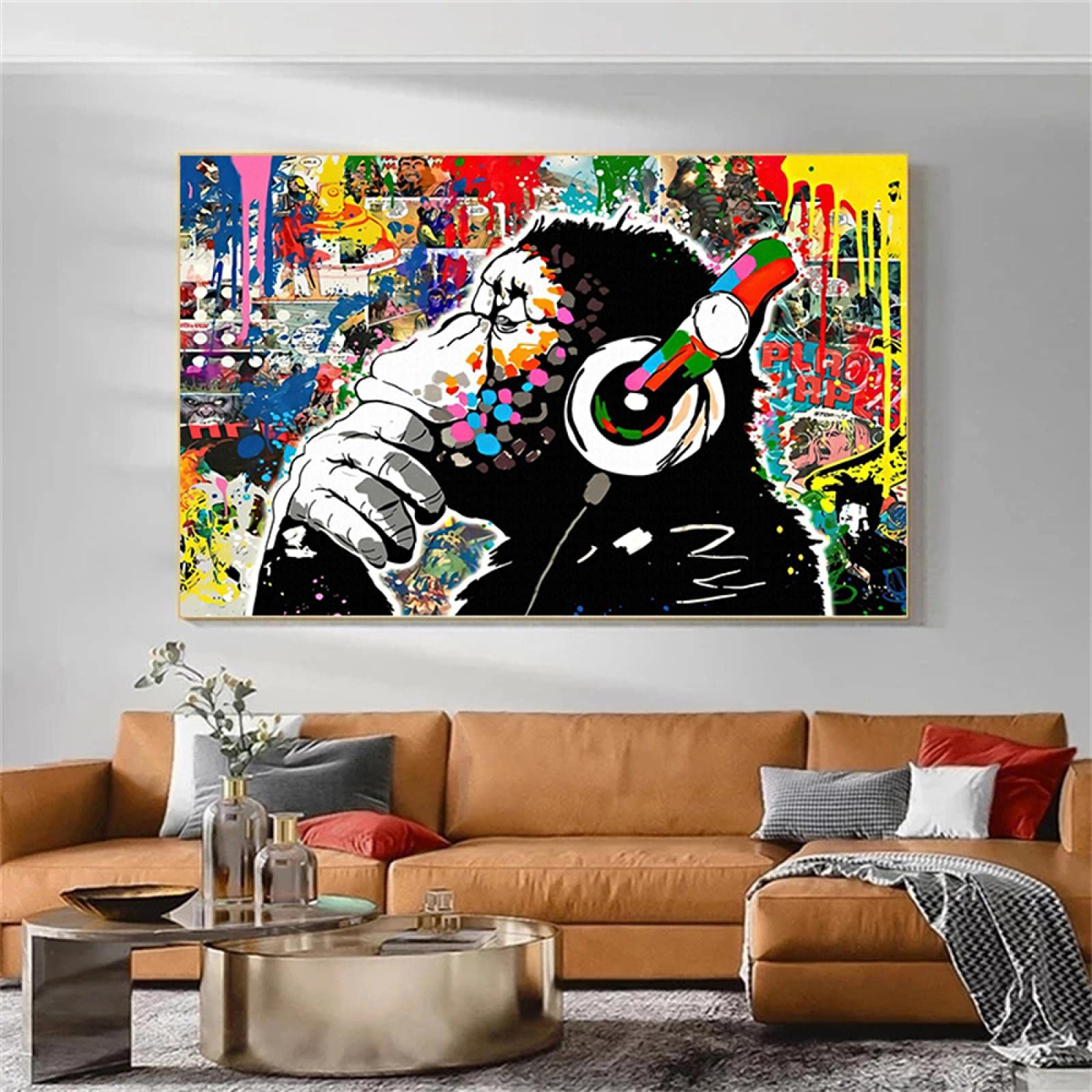 Abstract Graffiti Art Canvas Painting - Monkey with Headphones Wall Decor Poster Print (85x120cm Frameless) for Living Room, Bedroom & Office
