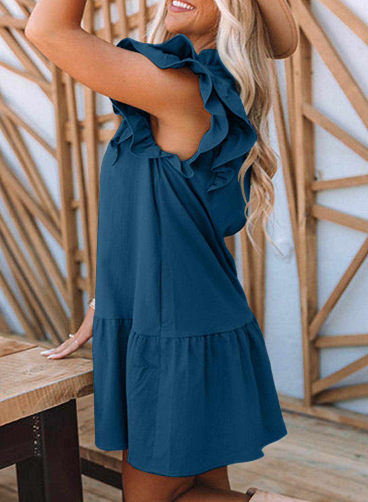 Dokotoo Women's Summer Dresses 2025 - V-Neck Ruffle Cap Sleeve Mini Sundress with Drawstring Waist & Side Pockets | Beach Wear, Vacation Outfit, Casual Summer Dress