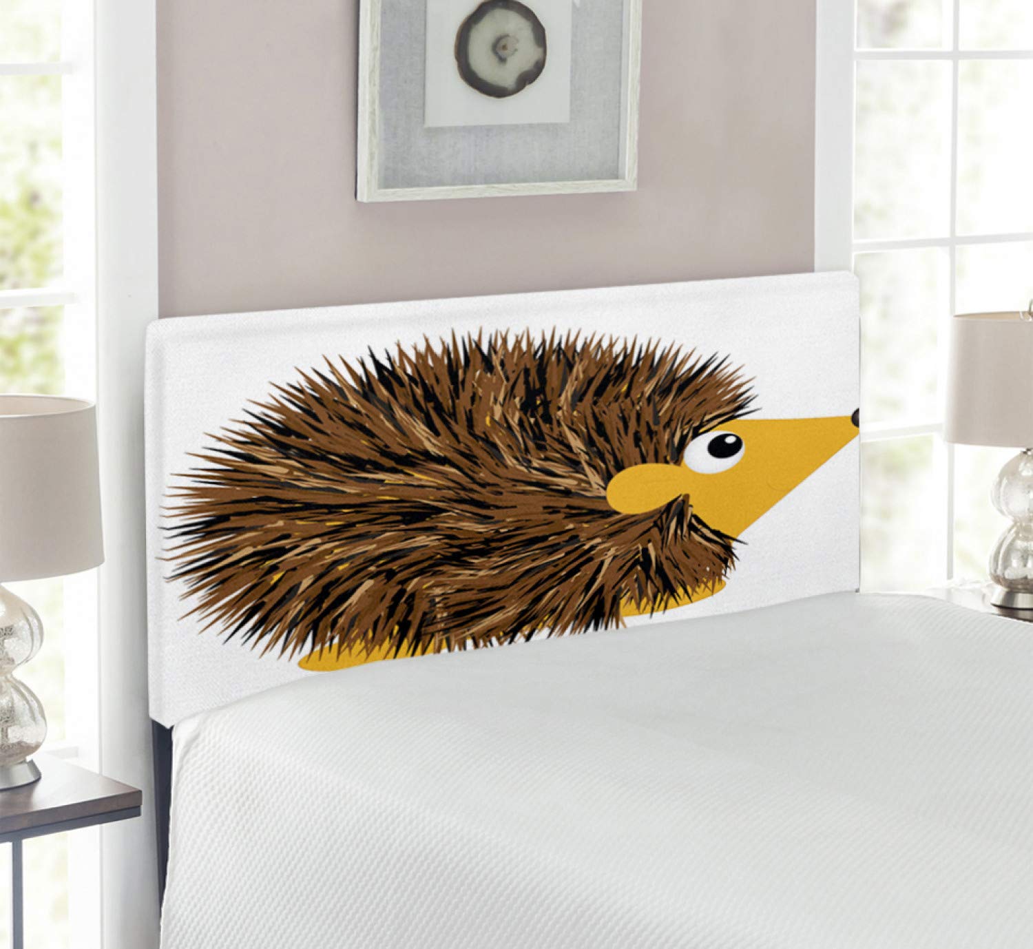 Ambesonne Hedgehog Headboard - Cartoon Animal Design with Happy Smile, Upholstered Decorative Metal Bed Frame with Memory Foam, Twin Size in Brown & Earth Yellow - Perfect for Kids' Bedroom, Nursery or Playroom Decor