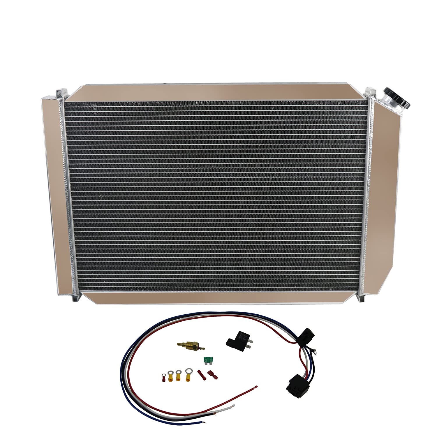ECMRAD 4 Row Aluminum Radiator Shroud Fan Kit Compatible with 1979-1993 Ford Mustang GT LX 5.0L 2.3L V8 302 AT/MT - High Performance Cooling for Street Racing & Hot Rod Upgrades