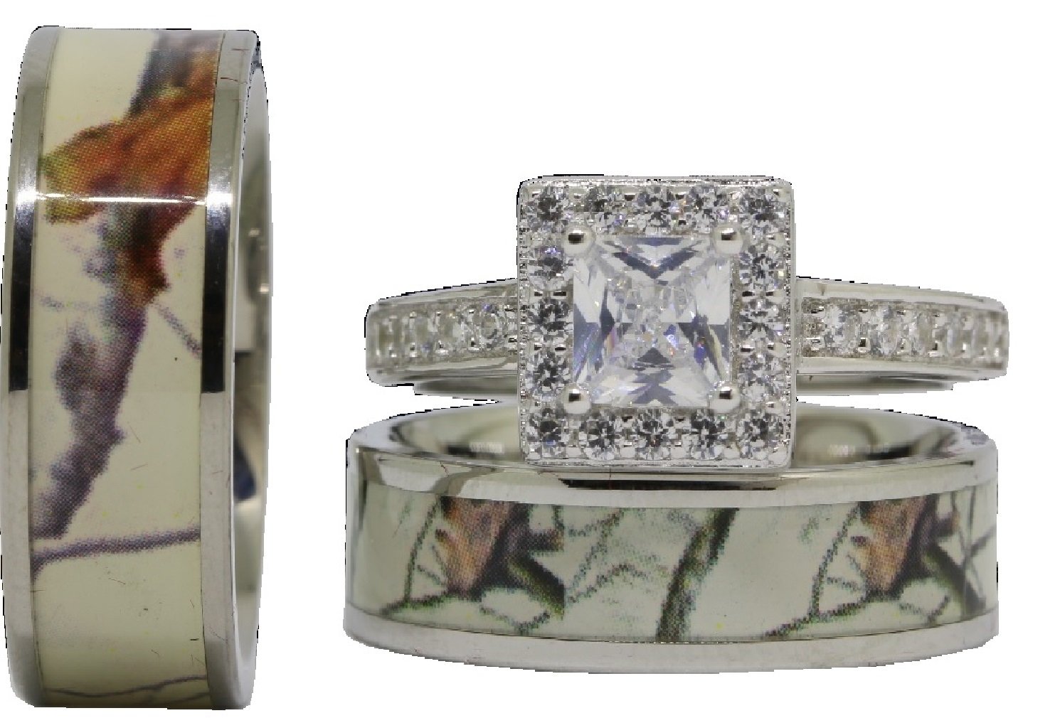 His and Her White Snow Camo Wedding Rings Set - Matching Tungsten & Wood Bands for Couples - Engagement & Wedding Rings for Him & Her - Cubic Zirconia Accents - Perfect for Outdoor Weddings, Anniversaries & Romantic Gifts