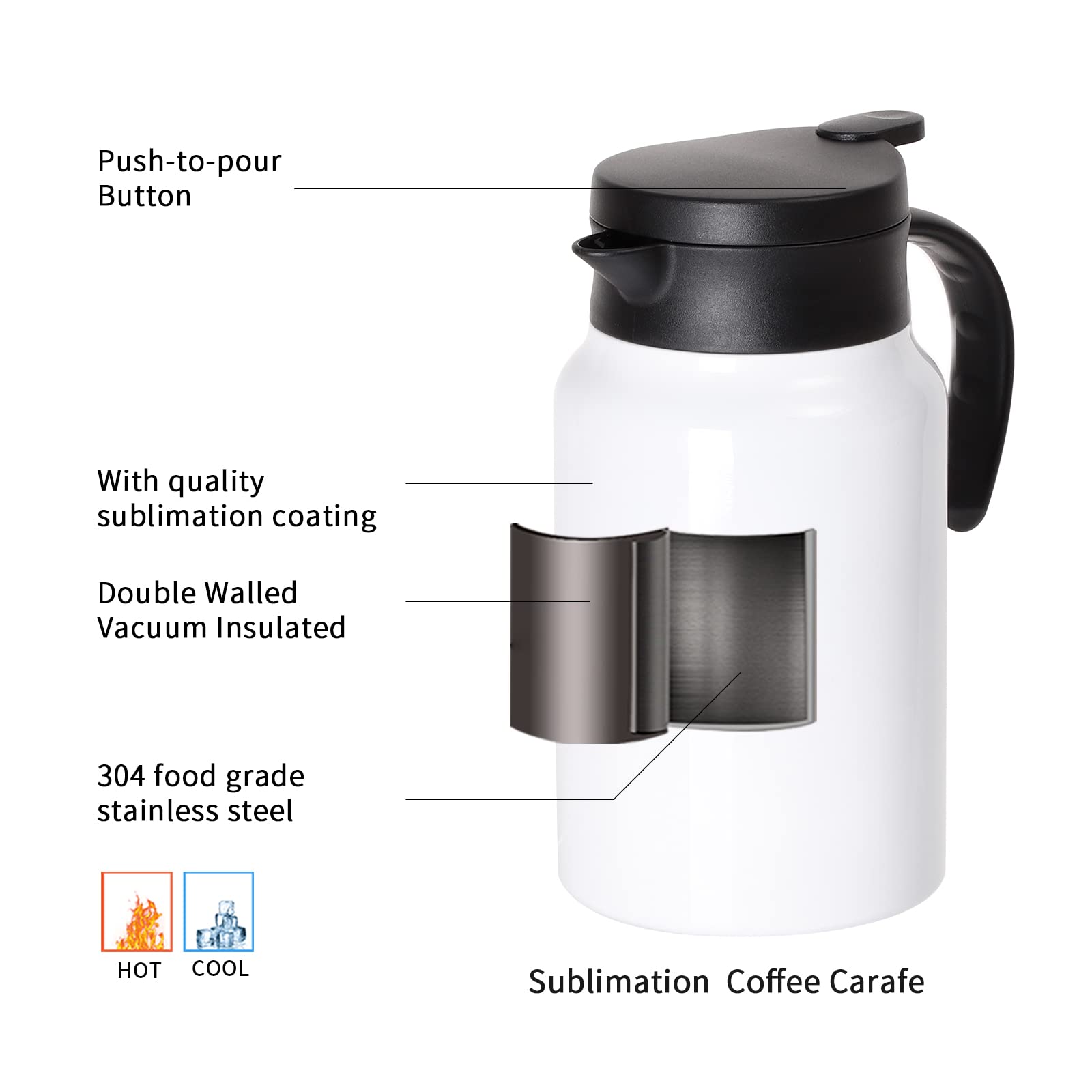 PYD Life 50oz Stainless Steel Double Wall Vacuum Insulated Thermal Carafe - 1.5L White Coffee Pot for Sublimation Printing (2 Pack) | Perfect for Office, Home & Outdoor Use