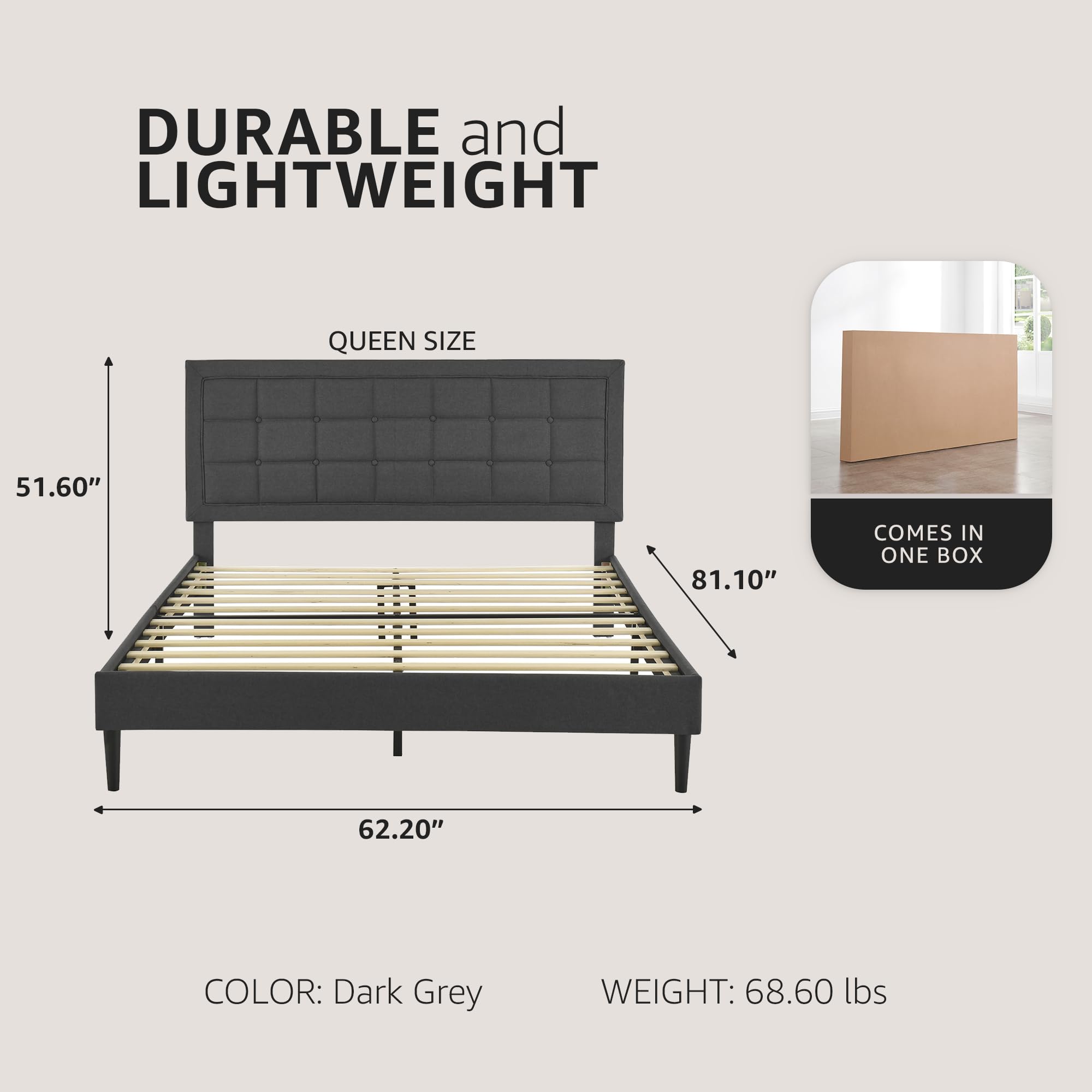 Mornington Upholstered 2.0 Platform Full Size Bed Frame with Headboard - Queen Size Dark Grey Modern Bedroom Furniture for Master Bedroom, Guest Room & Dorm