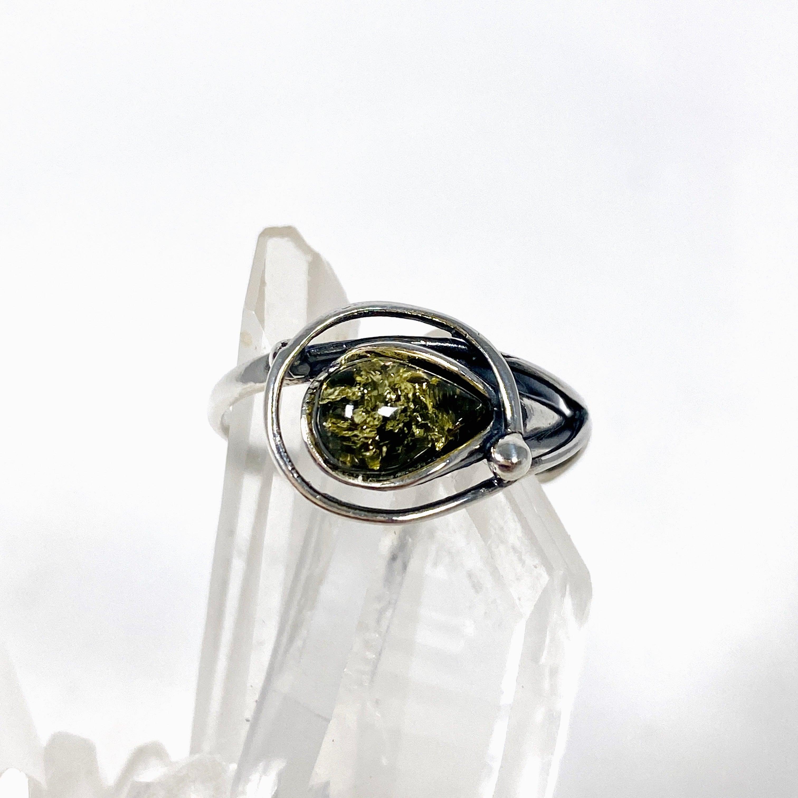 Natural Baltic Amber Green Drop Ring AMB169 - Handcrafted Jewelry for Women, Healing Gemstone Gift for Relaxation & Stress Relief