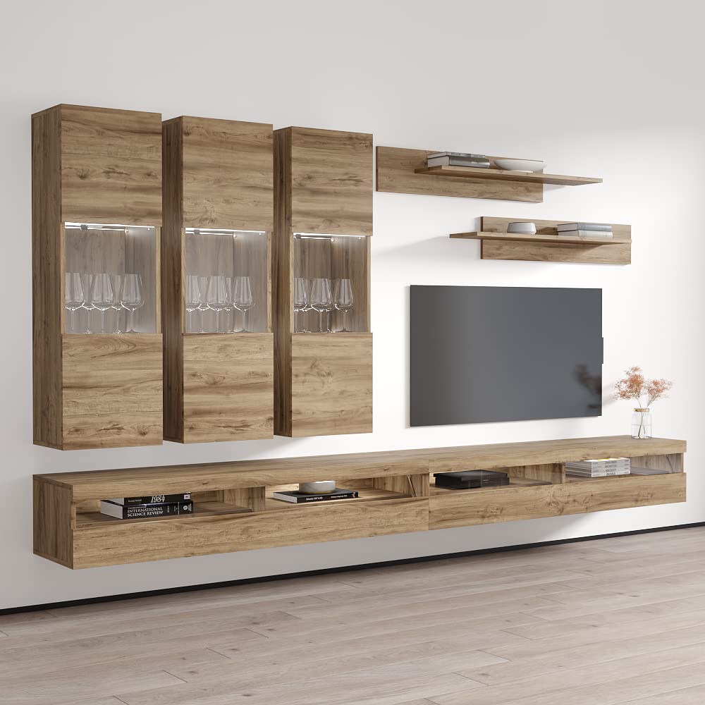 Modern Floating TV Stand with Storage & LED Lights - Wall-Mounted Entertainment Center for Living Room & Bedroom - Oak Wood TV Console with Shelves - Perfect for Small Spaces & Home Theater Setup