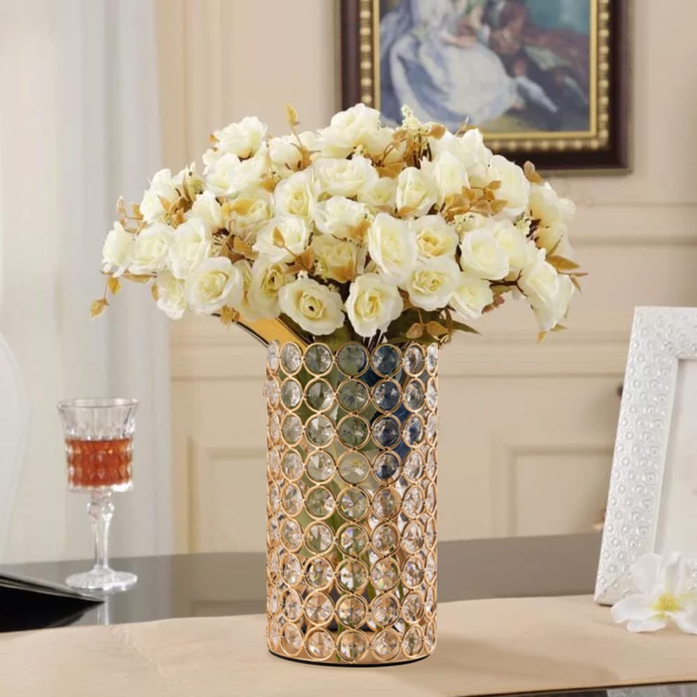 VINCIGANT Gold Cylinder Crystal Candle Holders - Hollow Flower Vase Centerpieces for Dining Table & Coffee Table Decor - Perfect for Wedding, Anniversary, Housewarming Gifts - Elegant Home & Event Decoration
