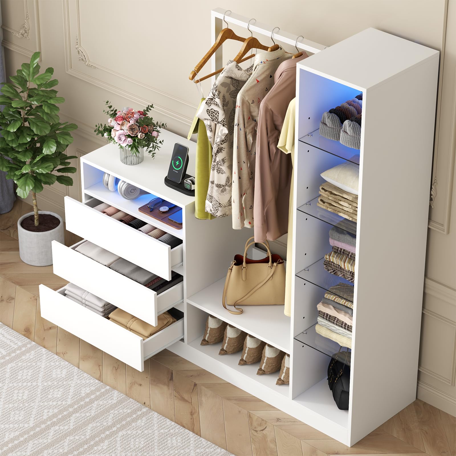 Large White Armoire Wardrobe Closet with Hanging Rod, 3 Drawers & Adjustable Shelves - Spacious Clothing Storage Cabinet with Built-in Charging Station & LED Lights - Perfect Bedroom Dresser & Closet Organizer for Home, Apartment or Dorm Room Storage Solutions