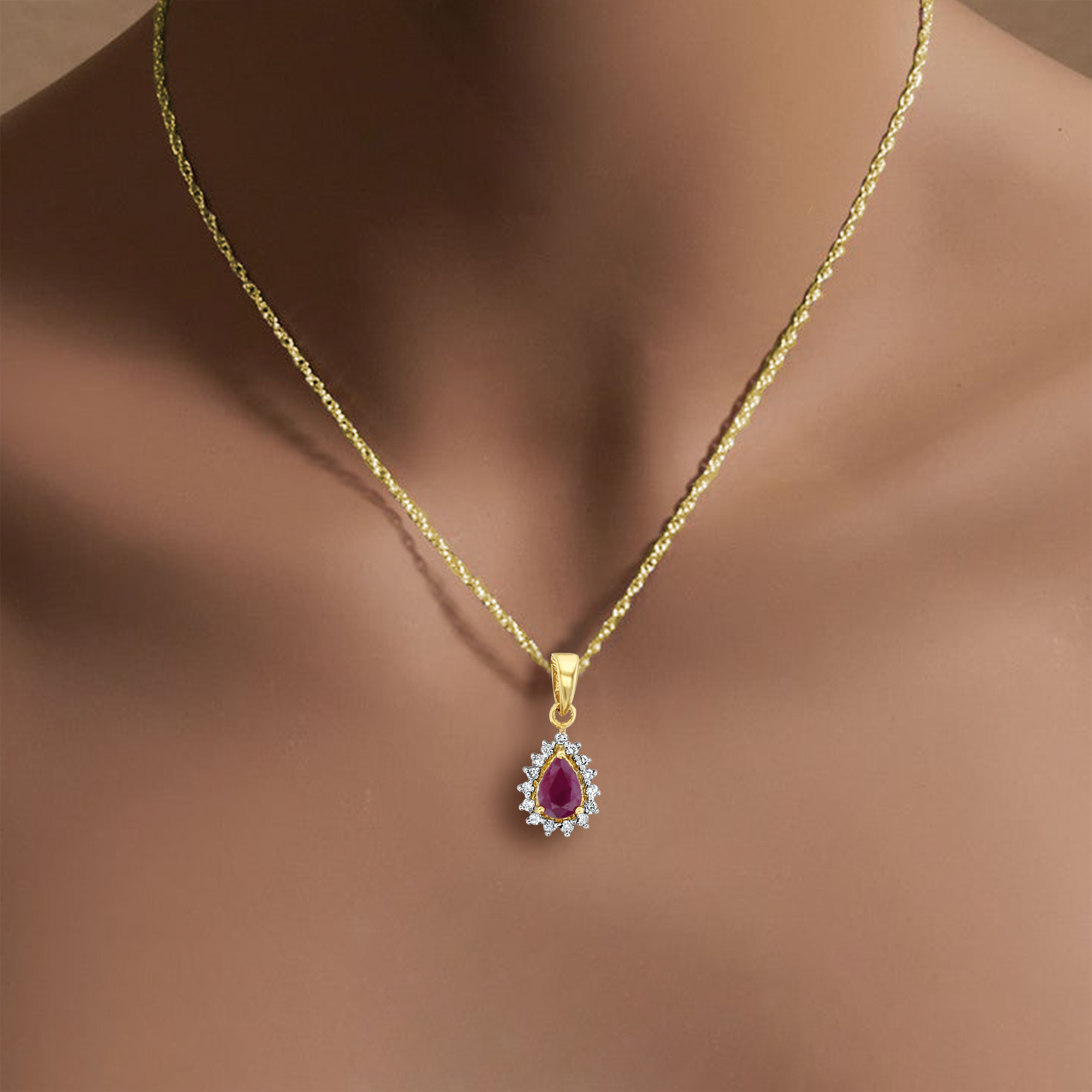 14k Yellow Gold Pear Shaped Ruby and Diamond Halo Necklace | Elegant Gift for Anniversary, Valentine's Day & Special Occasions