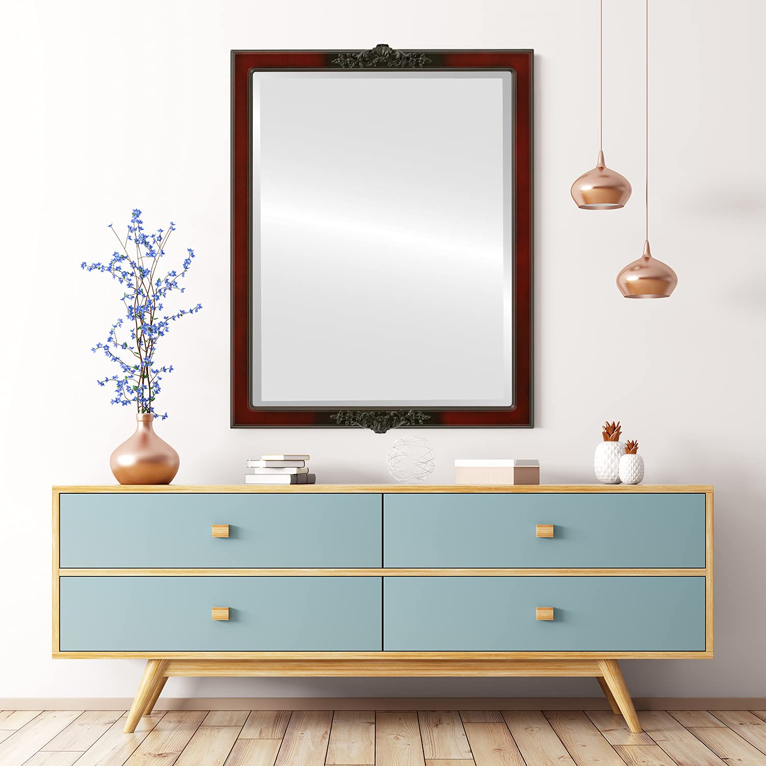 OVALCREST Rectangle Beveled Wall Mirror - 14x18 Inches Rosewood Frame - Modern Athena Style Home Decor for Living Room, Bedroom & Entryway
