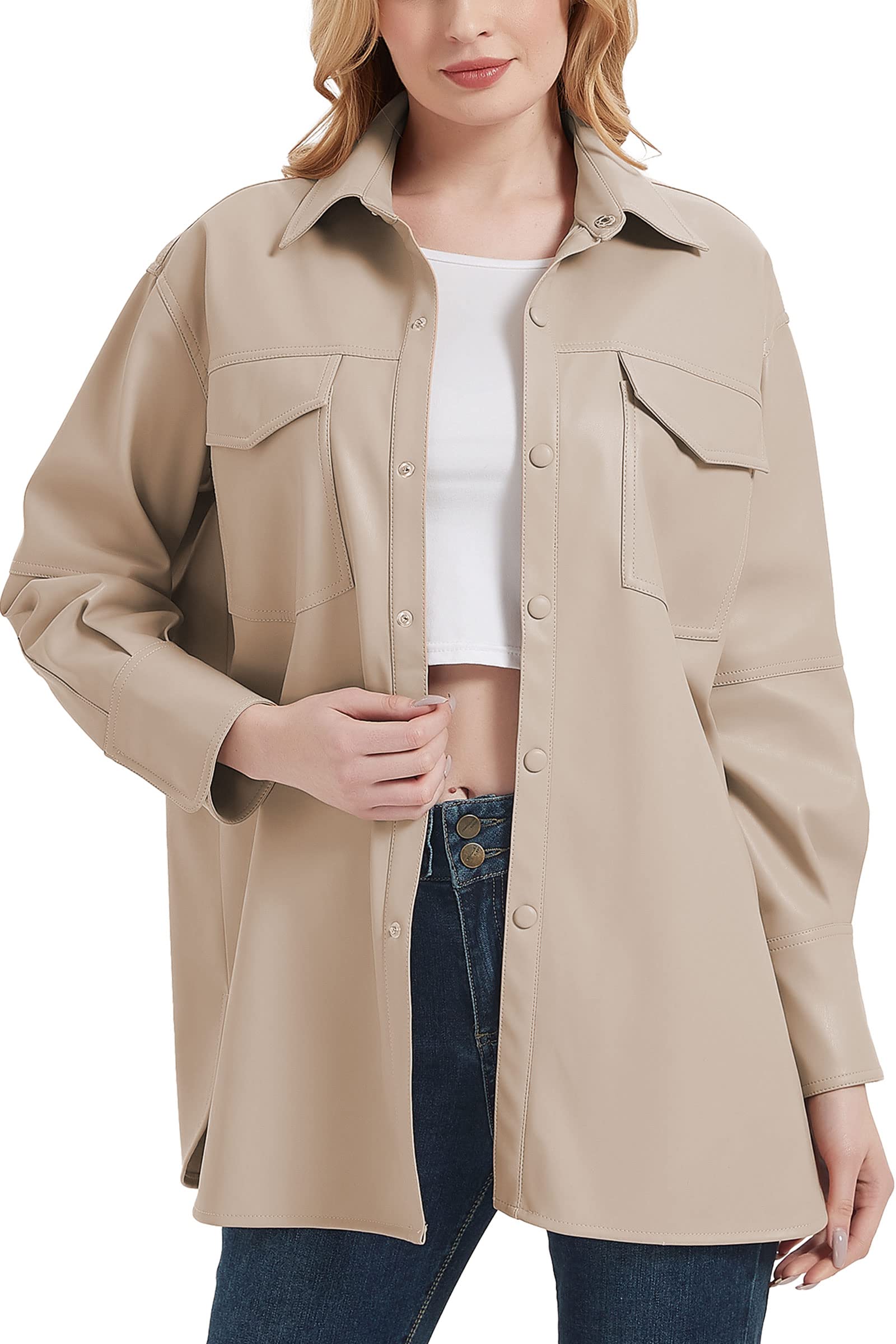 RISISSIDA Women's Vegan Leather Shacket Jacket - Faux Leather Button Down Shirt for Spring & Fall Fashion | Casual Outfits, Office Wear & Date Night Looks