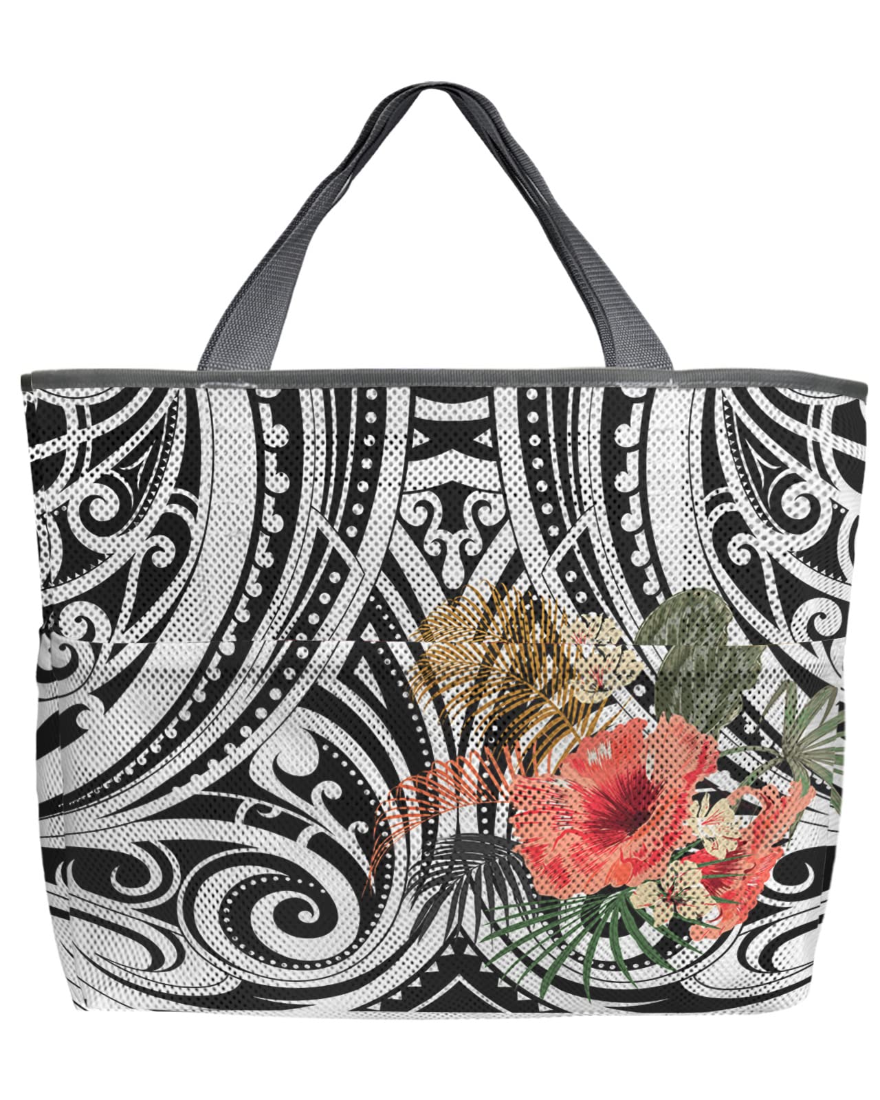 Stylish Mesh Beach Tote Bag - 60L Oversized Polynesian Abstract Ethnic Pattern Tote - Quick Dry Swim Bag with Pockets - Foldable for Beach, Pool, Travel & Grocery Storage - Boho Style Net Bag (24