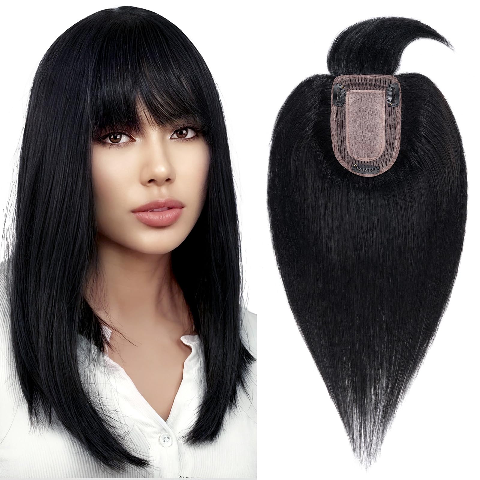 Benehair Clip-in Hair Topper with Bangs - 100% Human Hair Topper Wiglet for Women with Thinning Hair - 14 Inch 44g Dark Black #1 - Perfect for Daily Wear, Special Occasions & Hair Loss Solutions