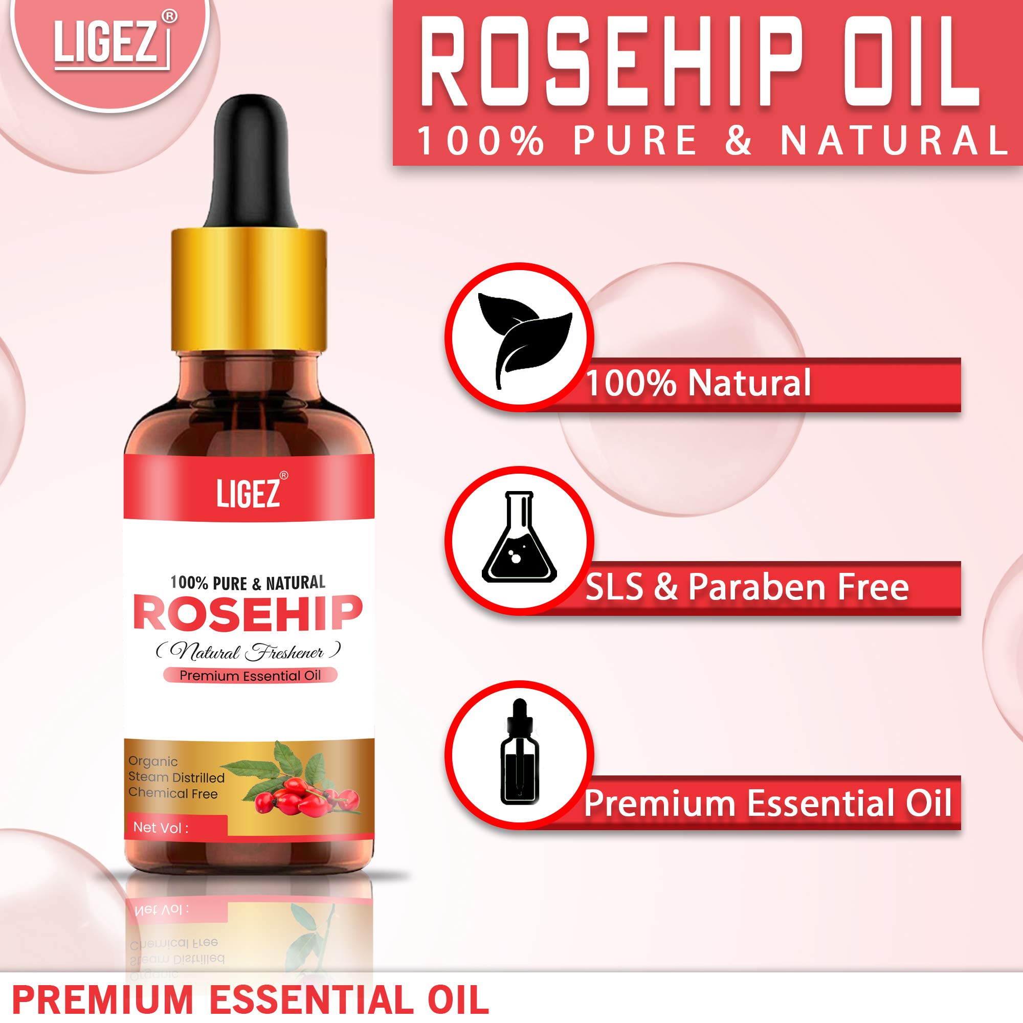 Ligez Rosehip Seed Oil - 100% Pure Cold Pressed Carrier Oil for Skin Lightening, Stretch Marks, Acne Scars & Anti-Aging | Natural Face & Body Moisturizer | Perfect for Dry Skin, Wrinkles & Dark Spots (10ml) | Use for DIY Beauty, Massage & Aromatherapy