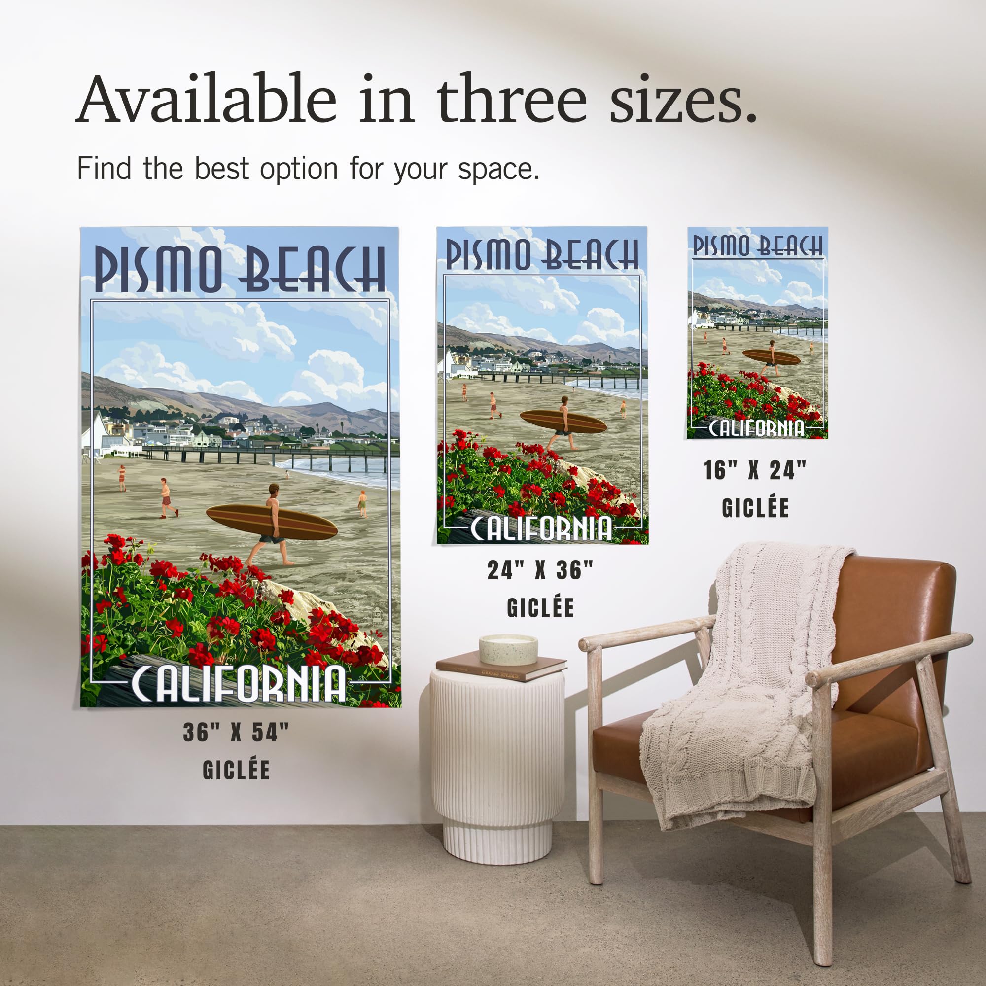Lantern Press 16x24 Inch Giclee Art Print - Pismo Beach California Coastal Wall Decor with Surfer Scene | Perfect for Beach House, Living Room & Office Decor
