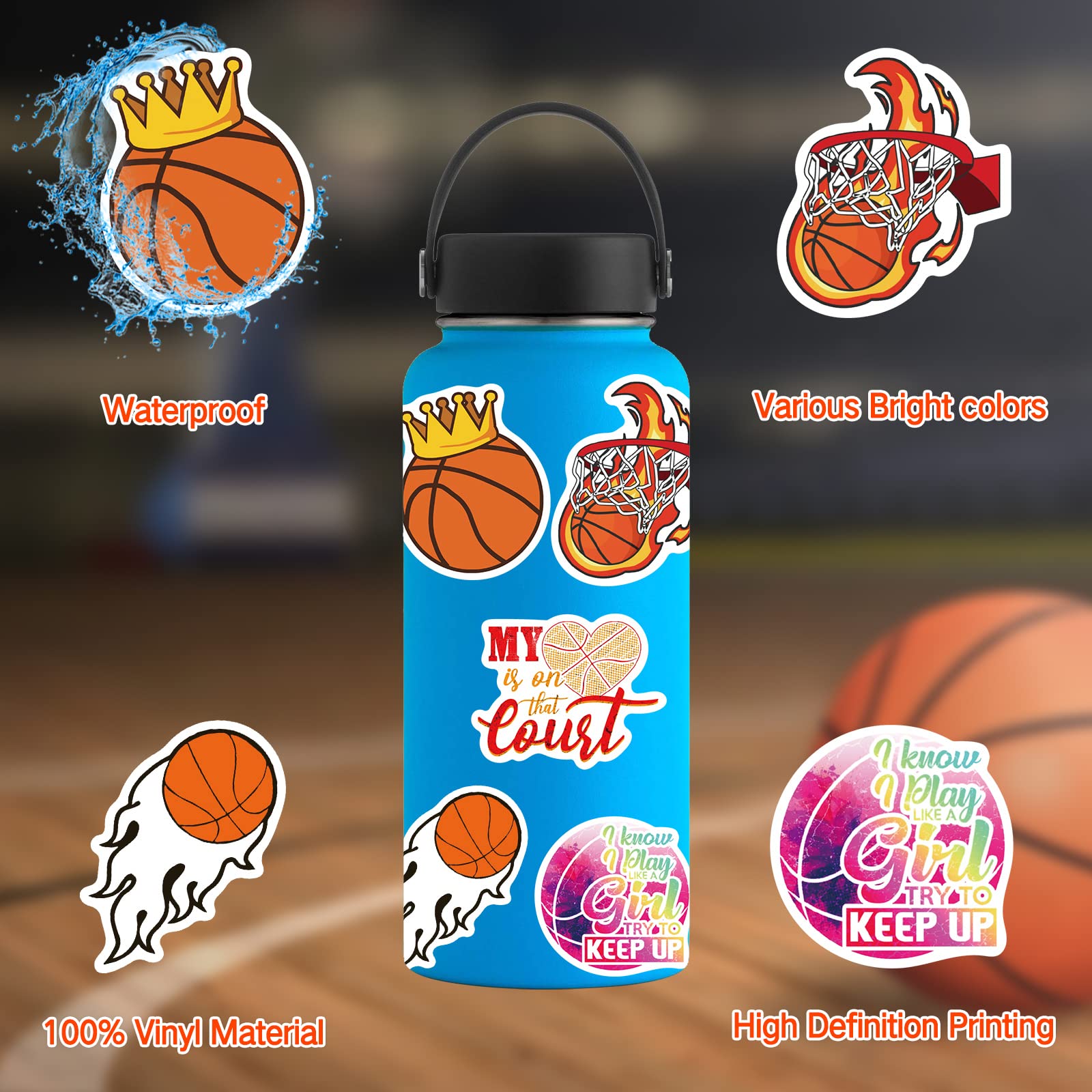 100PCS Basketball Stickers - Waterproof Sports Decals for Water Bottles, Notebooks, Gifts for Boys & Girls - Perfect for DIY Crafts, School Supplies, Party Favors and Basketball Fan Collections