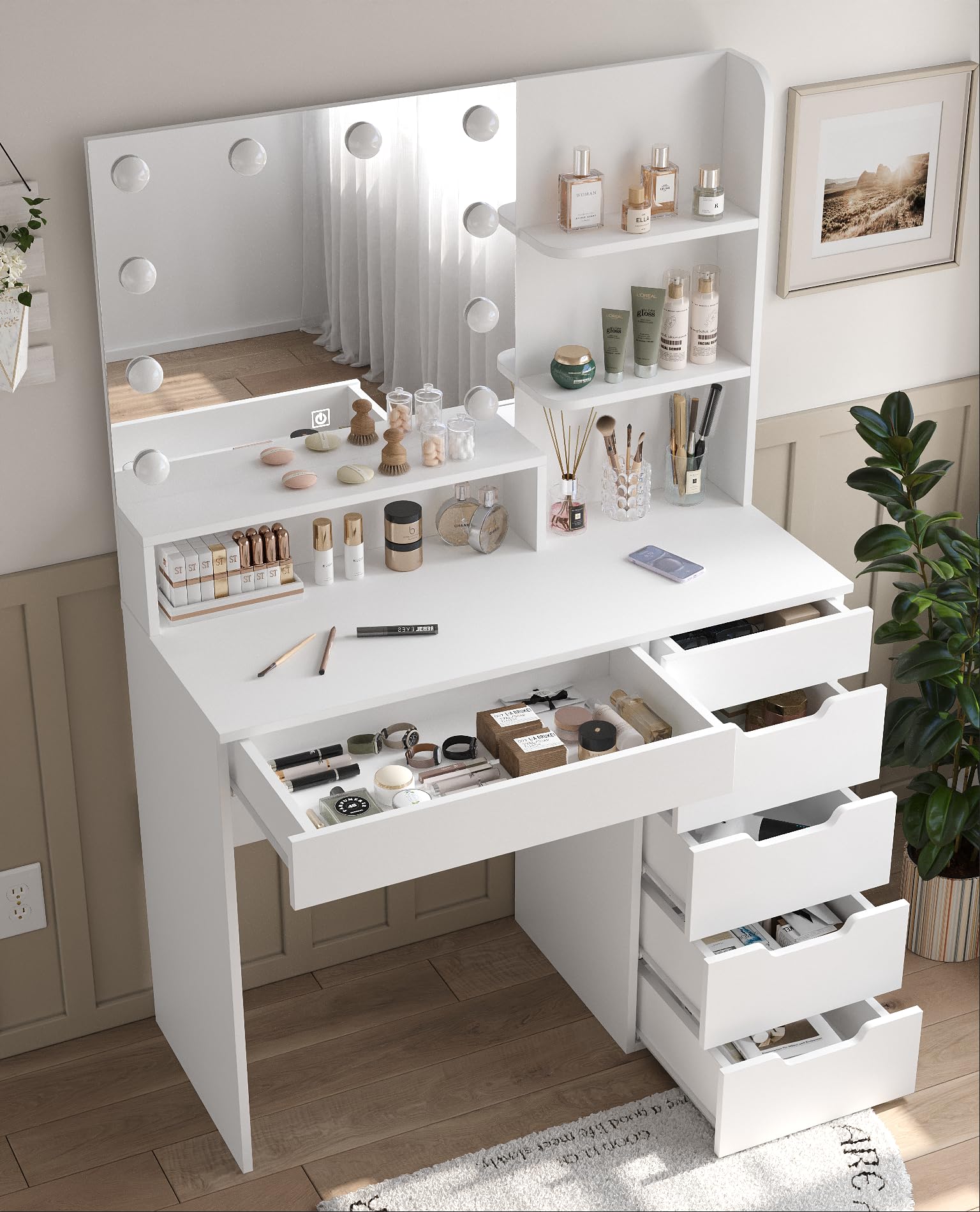 Vanity Desk with LED Lighted Mirror - Makeup Vanity Table Set with 6 Drawers, 3 Adjustable Lighting Modes & Hidden Wiring | Dressing Table for Bedroom, Home Decor & Beauty Station (White) - Perfect for Makeup Application, Skincare Routine & Getting Ready