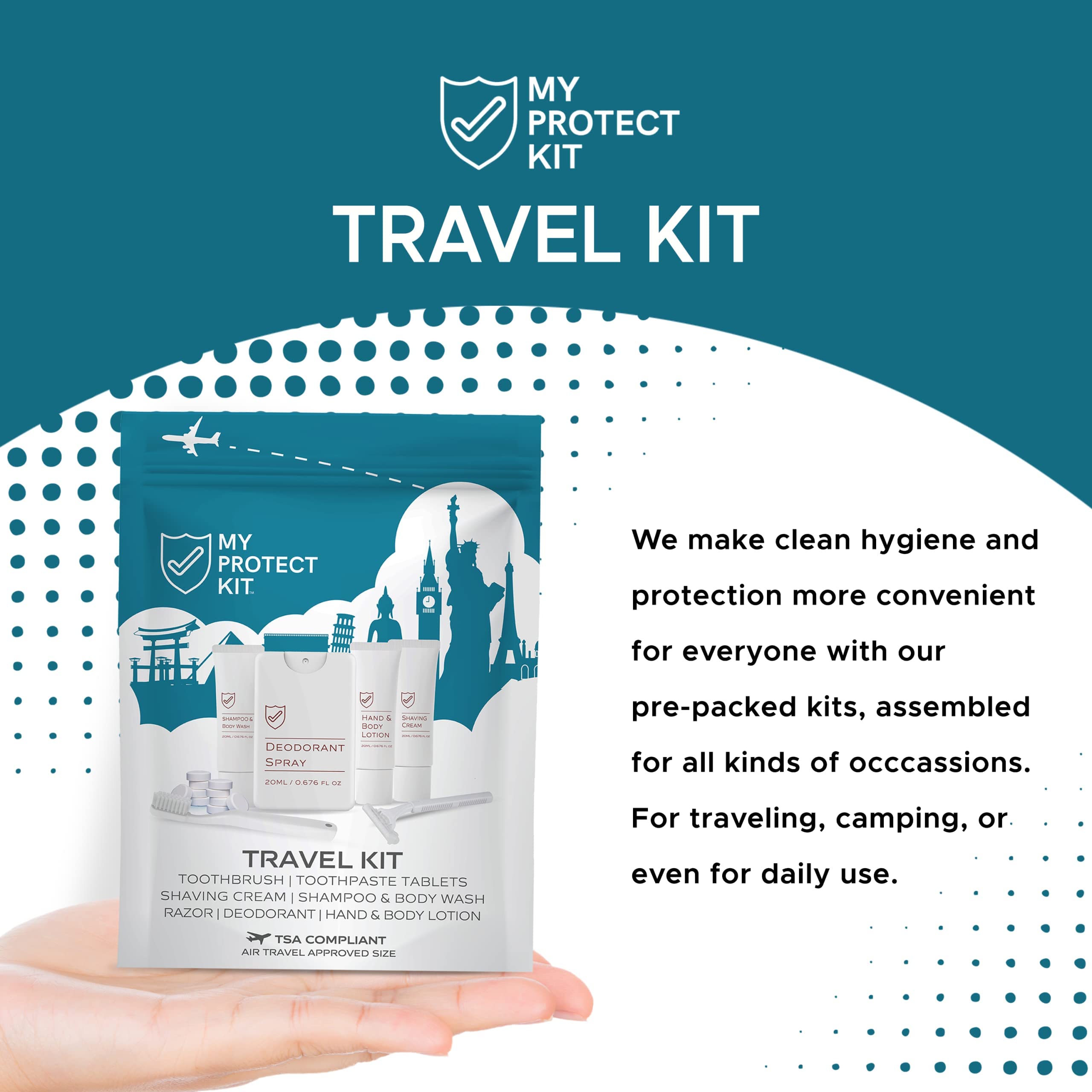 TSA Approved Travel Kit for Men & Women - Essential Hygiene Set with Toiletries | Includes Hand & Body Lotion, Deodorant, Shampoo, Body Wash, Shaving Cream, Razor, Toothbrush & Toothpaste Tablets | Perfect for Air Travel, Camping & Gym by My Protect Kit