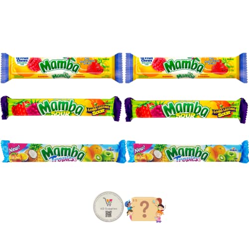 Mamba Fruit Chews - Vegan Friendly Chewy Taffy Candy Variety Pack (Original, Tropics, Sour Flavors) - 6 Pack with Bonus Mystery Candy | Plant-Based Snacks for Parties, Movie Nights & Lunchboxes