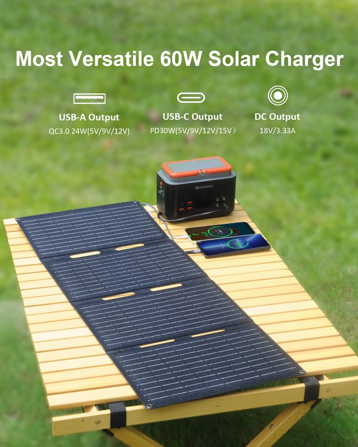 60W Portable Solar Panel with USB C, USB A & DC 18V Output - IP68 Waterproof Foldable ETFE Solar Charger for Power Stations - Compatible with iPhone, Samsung - Perfect for Camping, Hiking & Outdoor Adventures