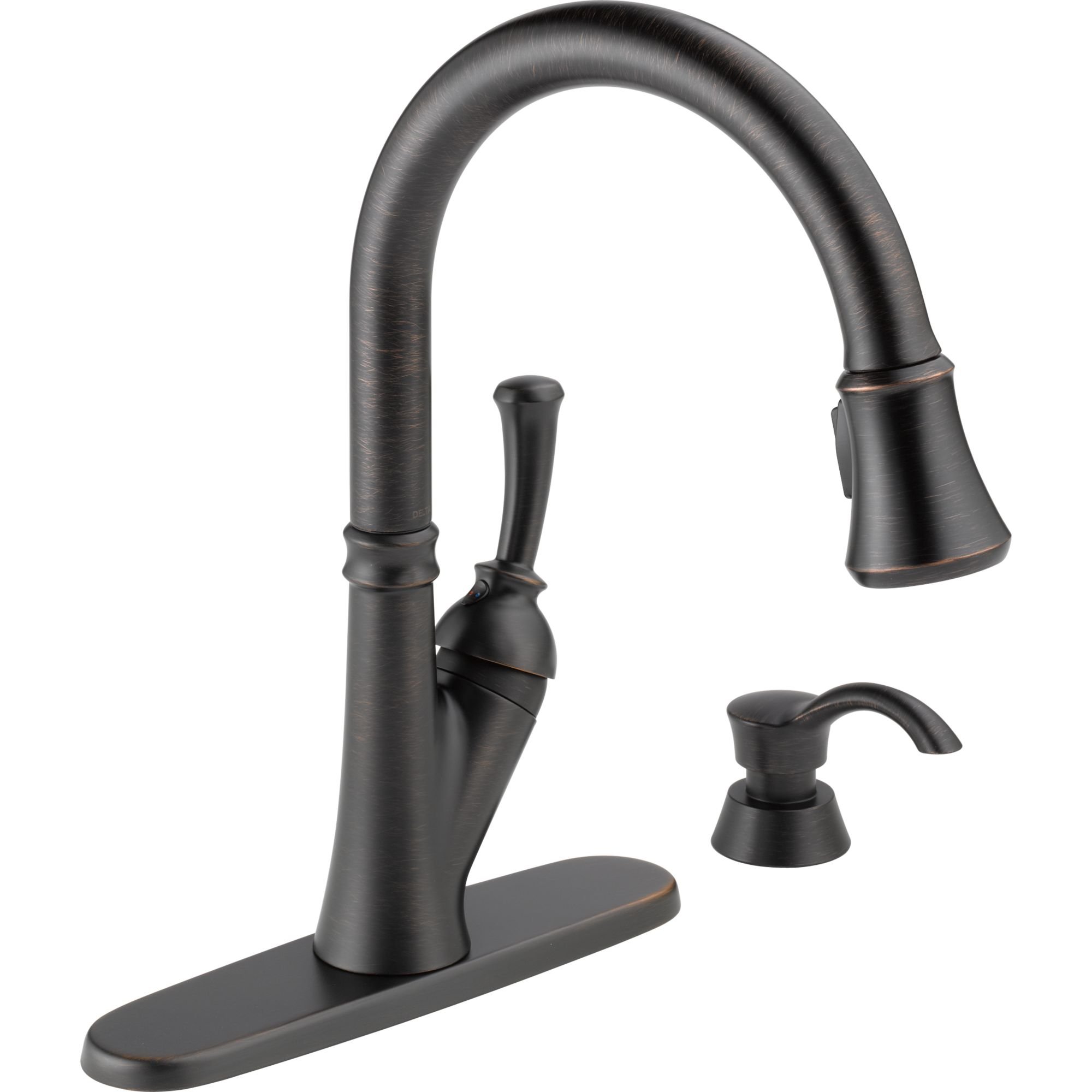 Delta Faucet 19949-RBSD-DST Savile Single Handle Pull-Down Kitchen Faucet with Soap Dispenser in Venetian Bronze - Perfect for Modern Farmhouse & Industrial Style Kitchens